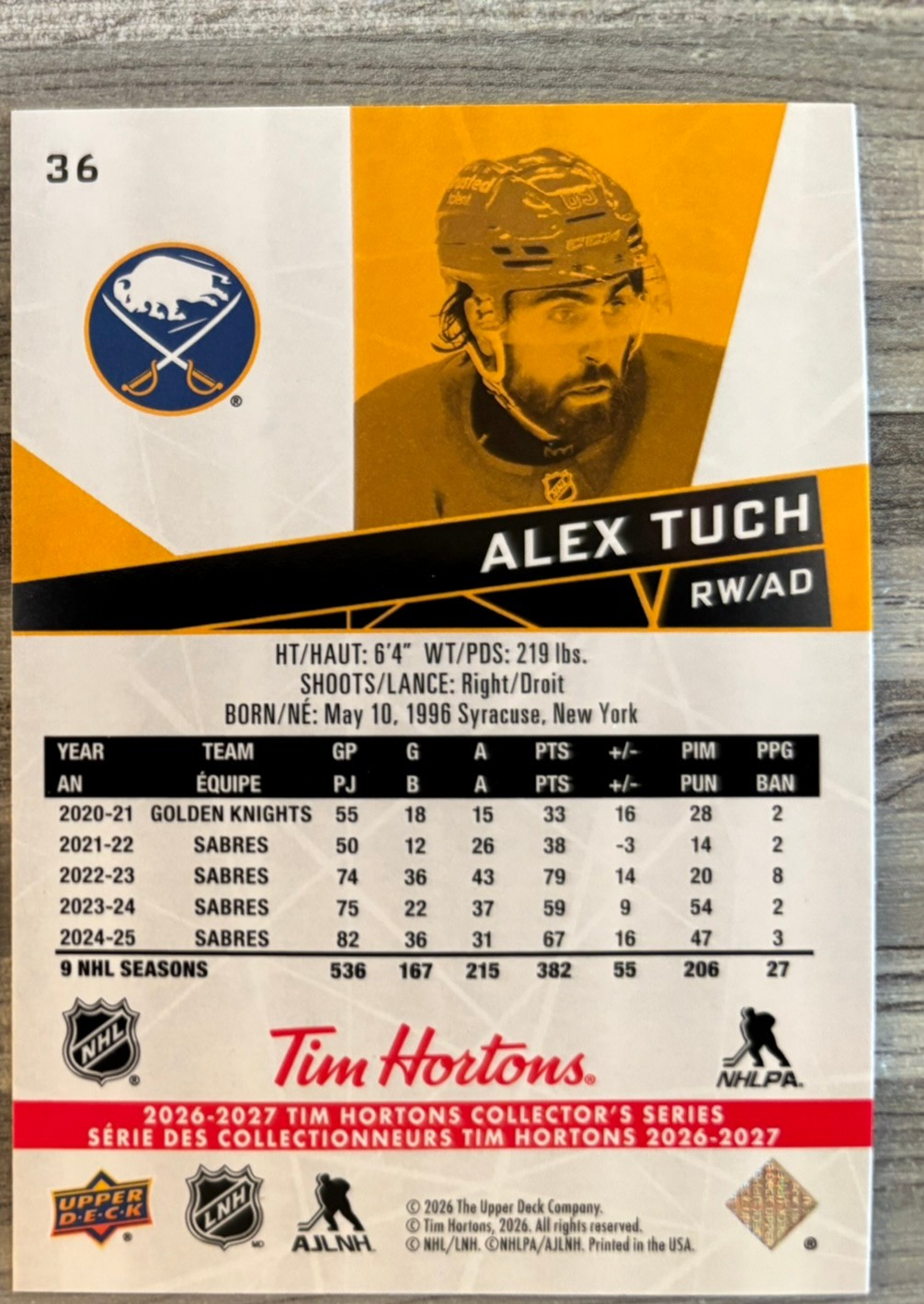 2026-27 Upper Deck Tim Hortons Collector'S Series — Alex Tuch · #36 — Verso