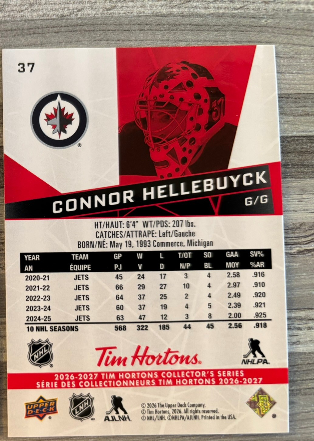 2026-27 Upper Deck Tim Hortons Collector'S Series — Connor Hellebuyck · #37 — Verso