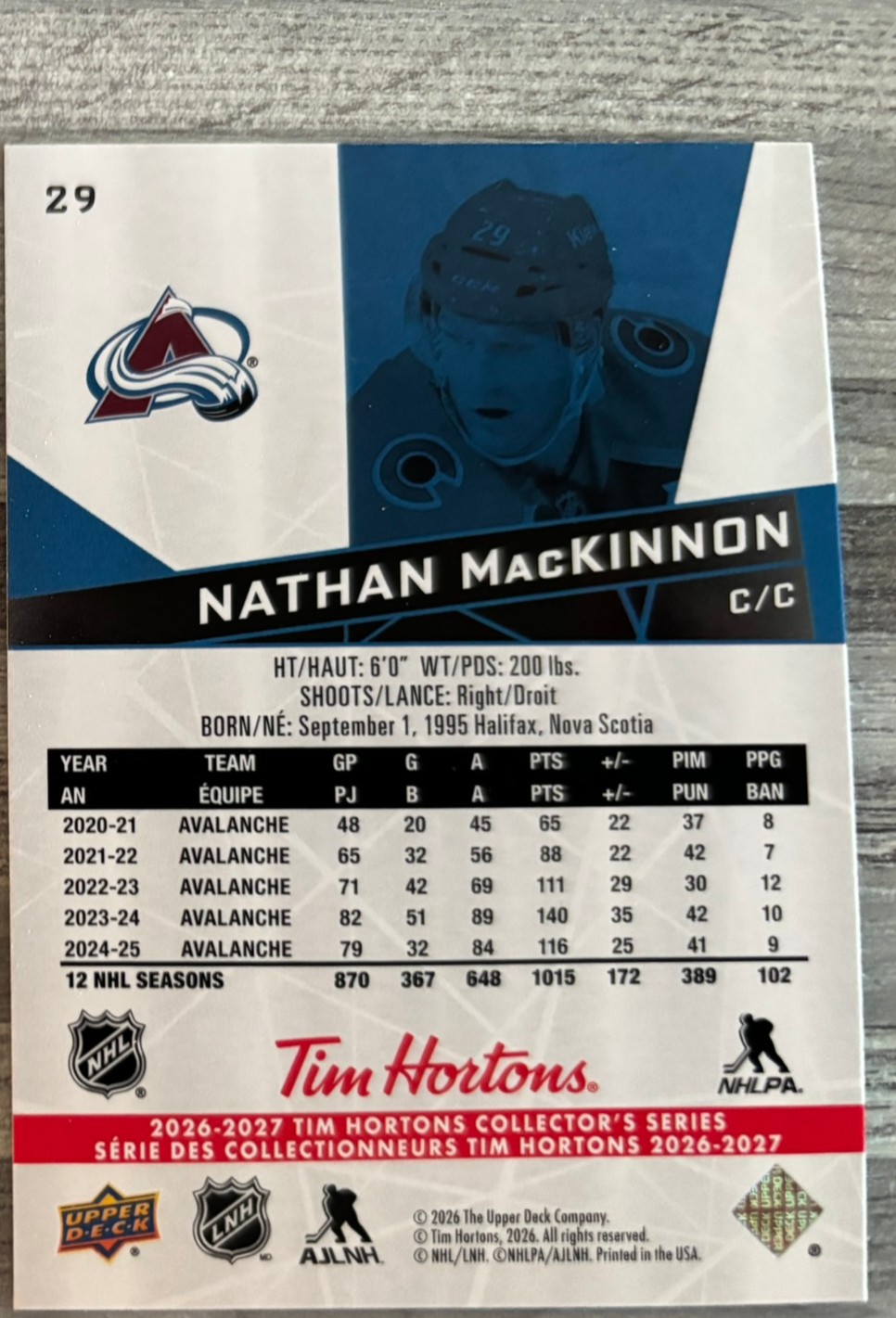 2026-27 Upper Deck Tim Hortons Collector'S Series — Nathan MacKinnon · #29 — Verso