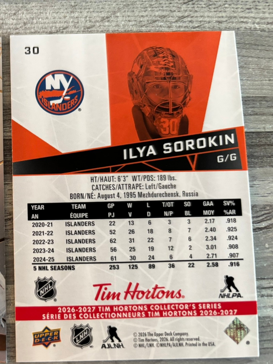 2026-27 Upper Deck Tim Hortons Collector'S Series — Ilya Sorokin · #30 — Verso