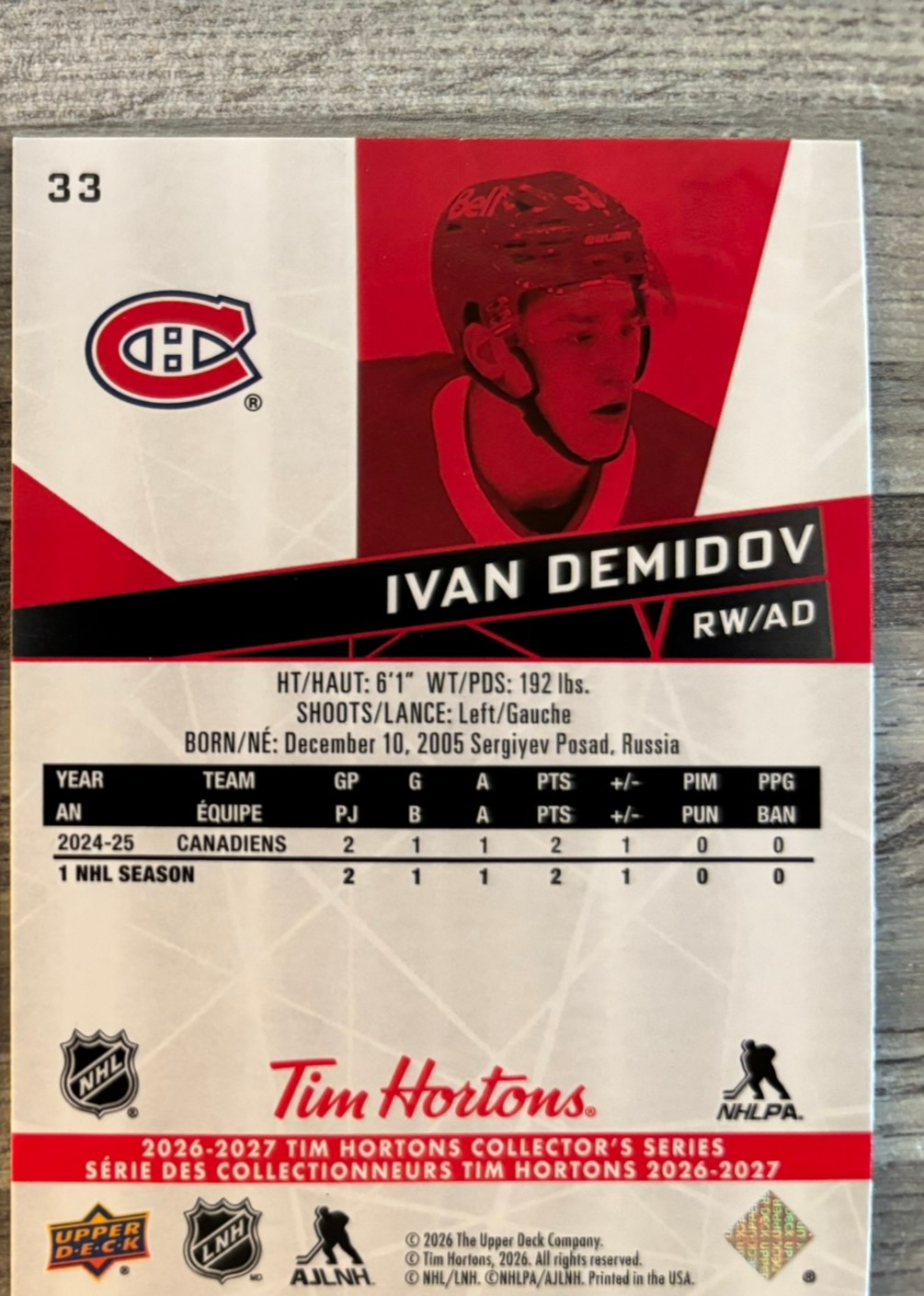 2026-27 Upper Deck Tim Hortons Collector'S Series — Ivan Demidov · #33 — Verso