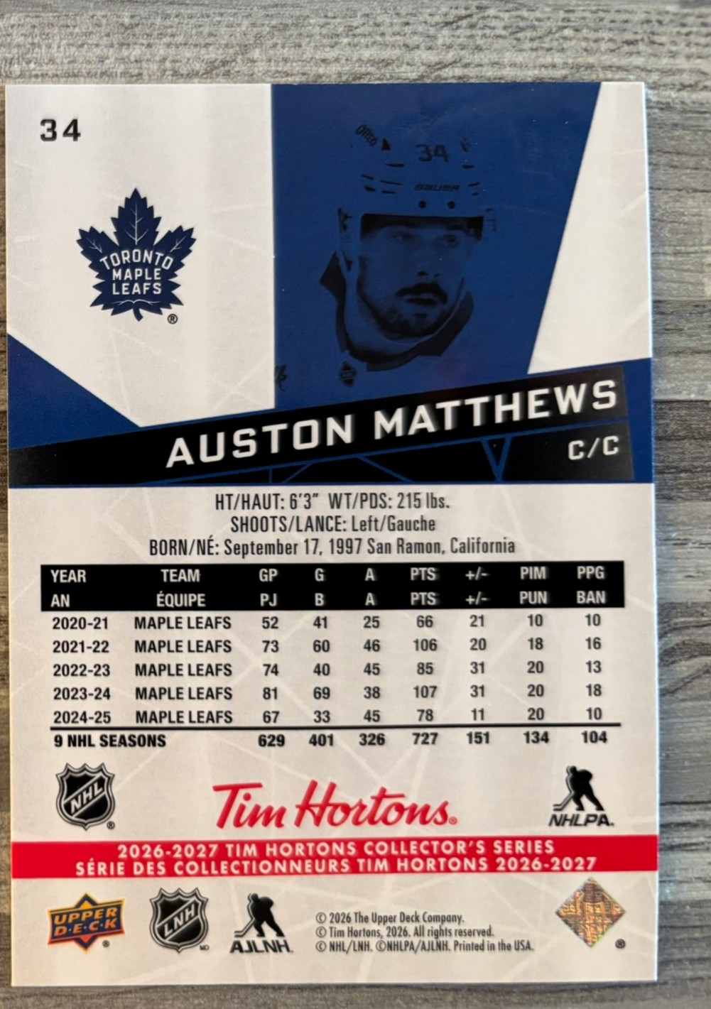 2026-27 Upper Deck Tim Hortons Collector'S Series — Auston Matthews · #34 — Verso