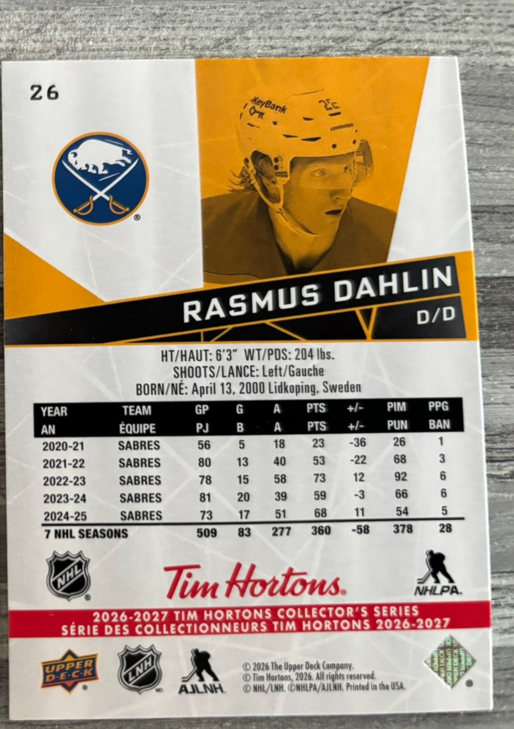 2026-27 Upper Deck Tim Hortons Collector'S Series — Rasmus Dahlin · #26 — Verso