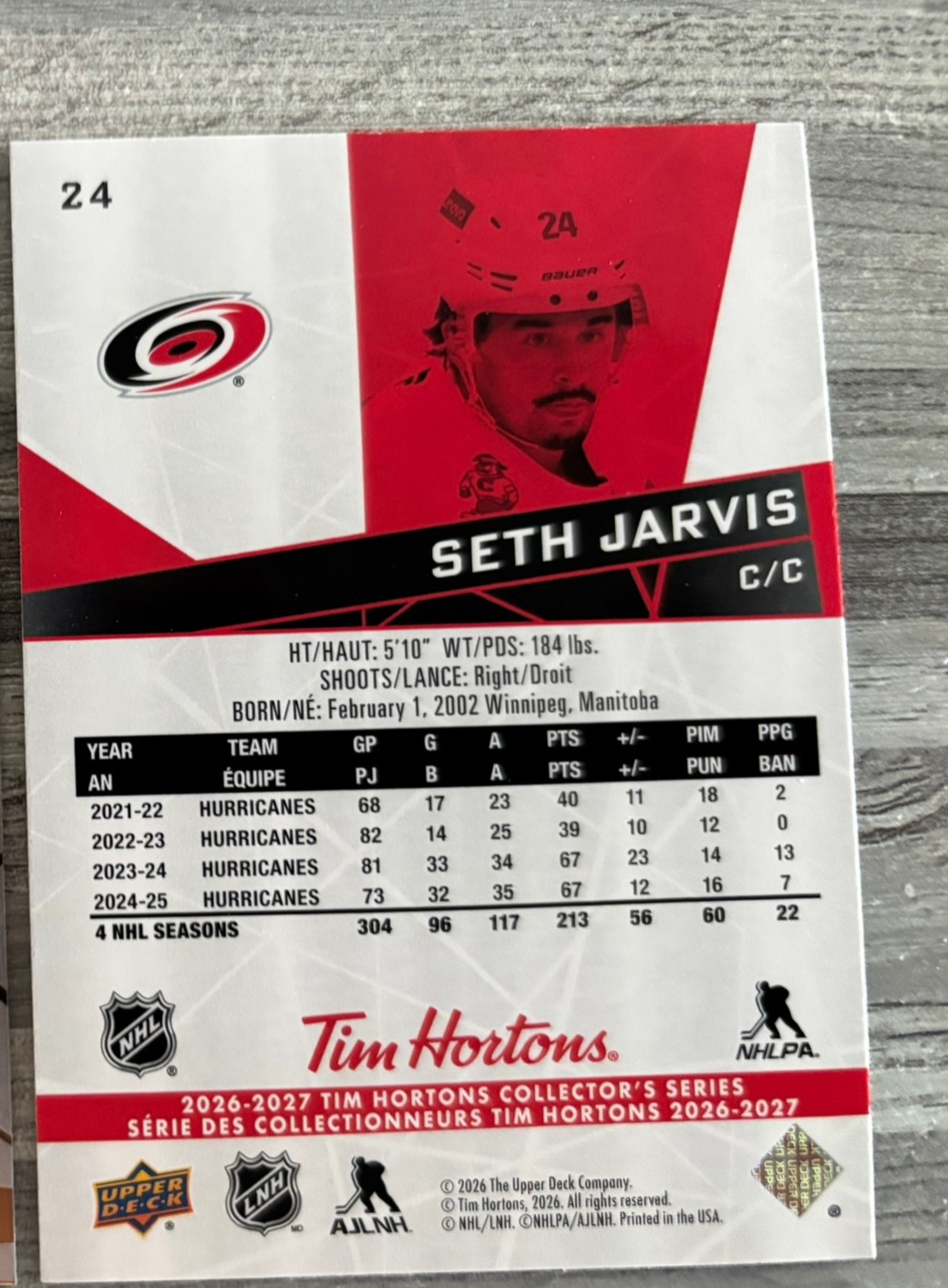 2026-27 Upper Deck Tim Hortons Collector'S Series — Seth Jarvis · #24 — Verso