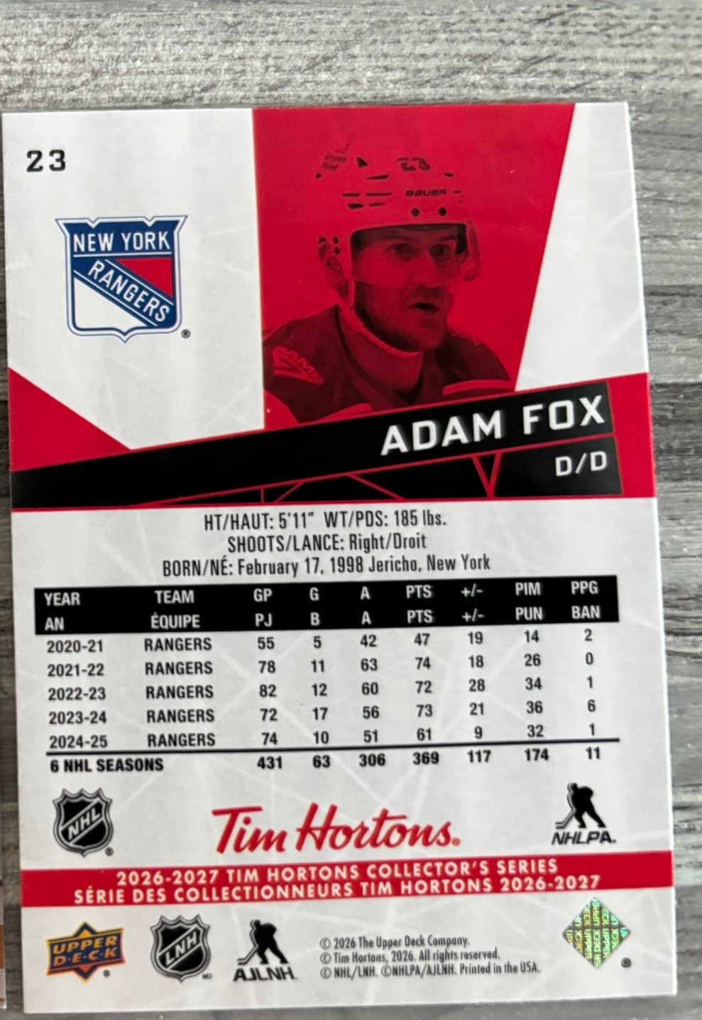 2026-27 Upper Deck Tim Hortons Collector'S Series — Adam Fox · #23 — Verso