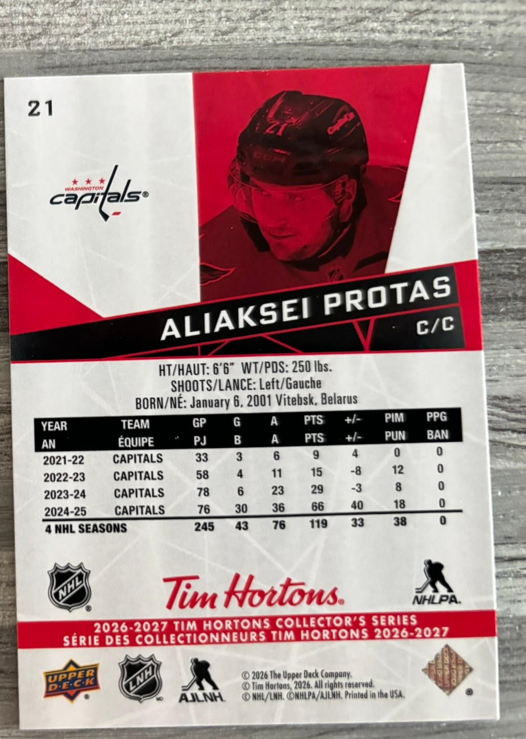2026-27 Upper Deck Tim Hortons Collector'S Series — Aliaksei Protas · #21 — Verso