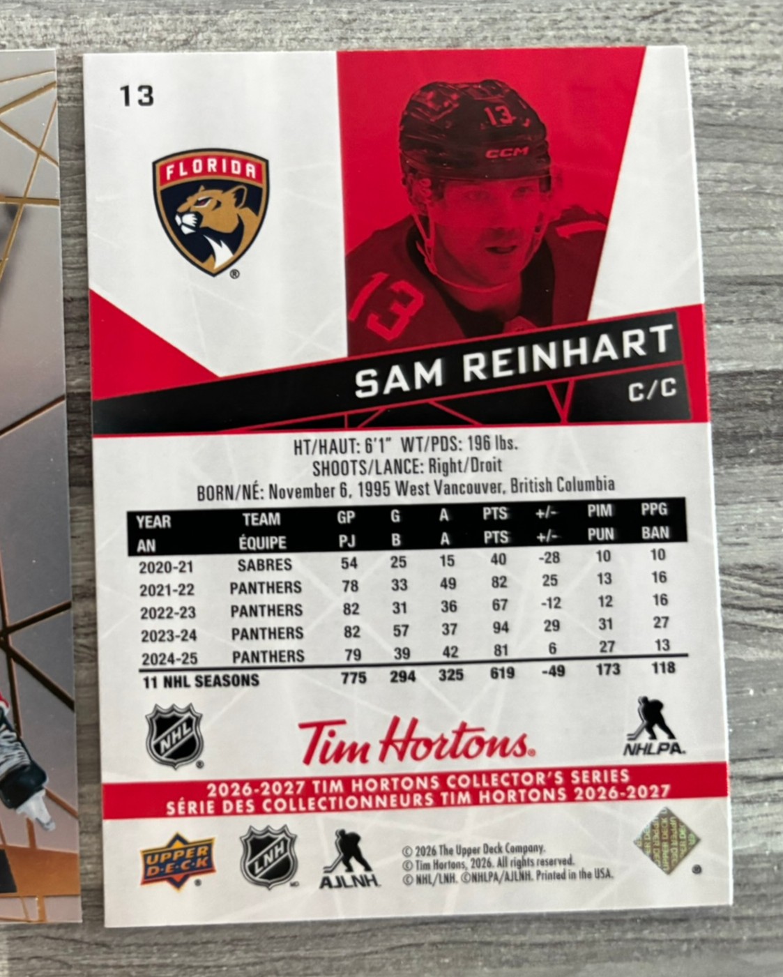 2026-27 Upper Deck Tim Hortons Collector'S Series — Sam Reinhart · #13 — Verso