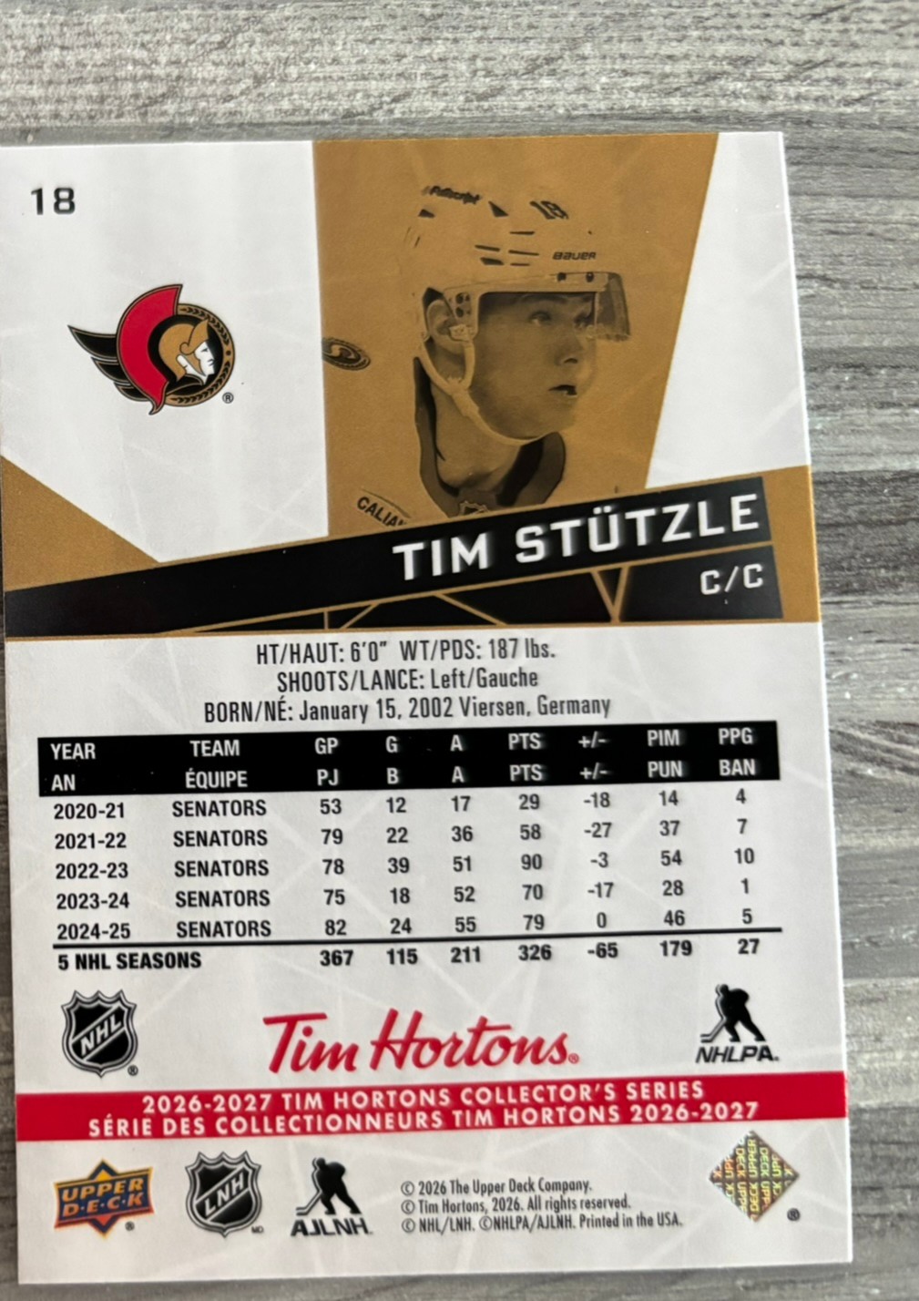 2026-27 Upper Deck Tim Hortons Collector'S Series — Tim Stützle · #18 — Verso