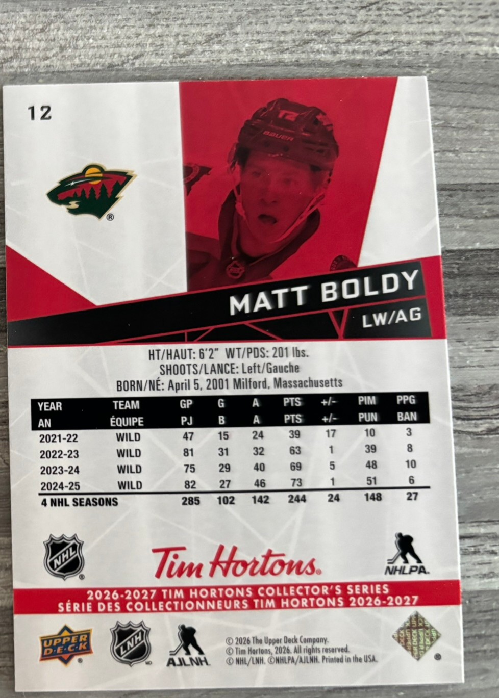 2026-27 Upper Deck Tim Hortons Collector'S Series — Matt Boldy · #12 — Verso