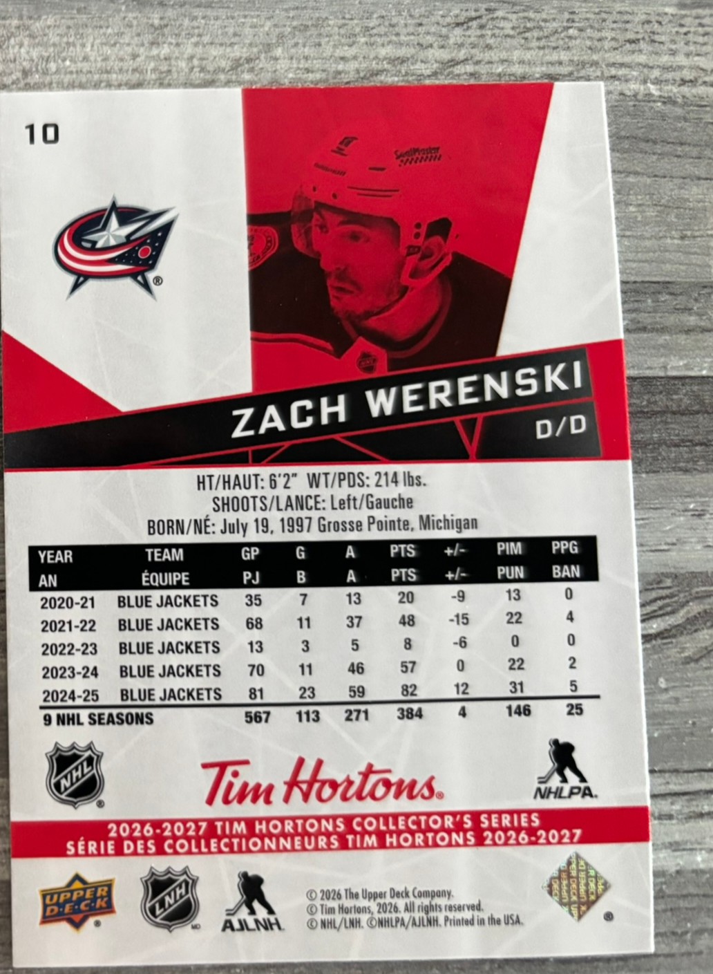 2026-27 Upper Deck Tim Hortons Collector'S Series — Zach Werenski · #10 — Verso
