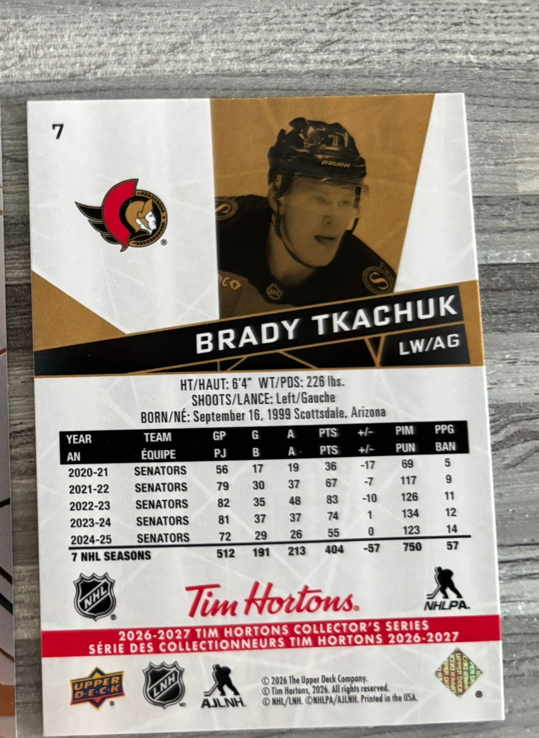 2026-27 Upper Deck Tim Hortons Collector'S Series — Brady Tkachuk · #7 — Verso