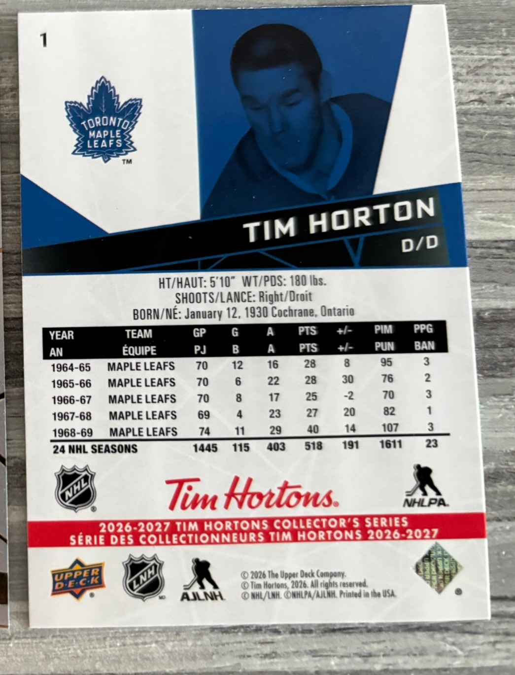 2026-27 Upper Deck Tim Hortons Collector'S Series — Tim Horton · #1 — Verso