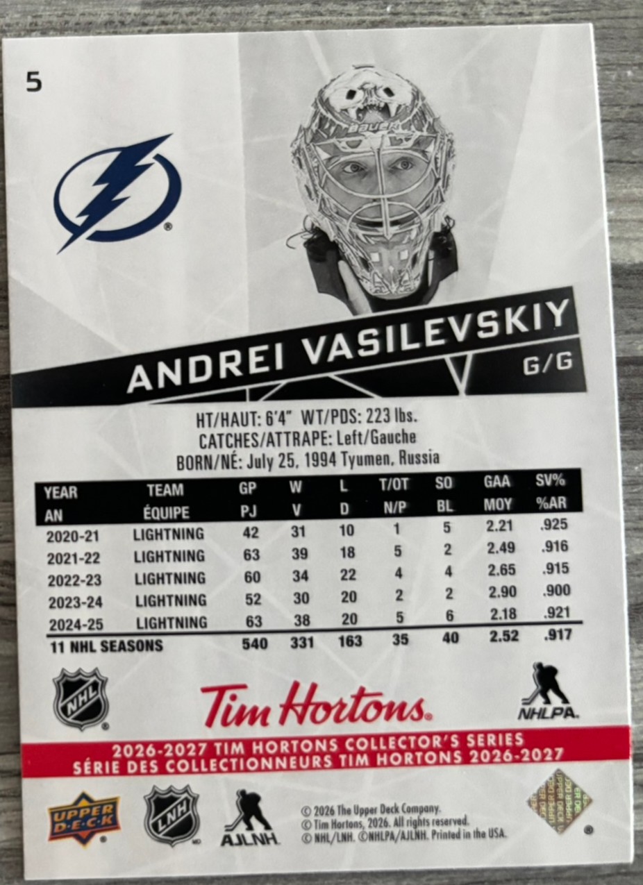 2026-27 Upper Deck Tim Hortons Collector'S Series — Andrei Vasilevskiy · #5 — Verso
