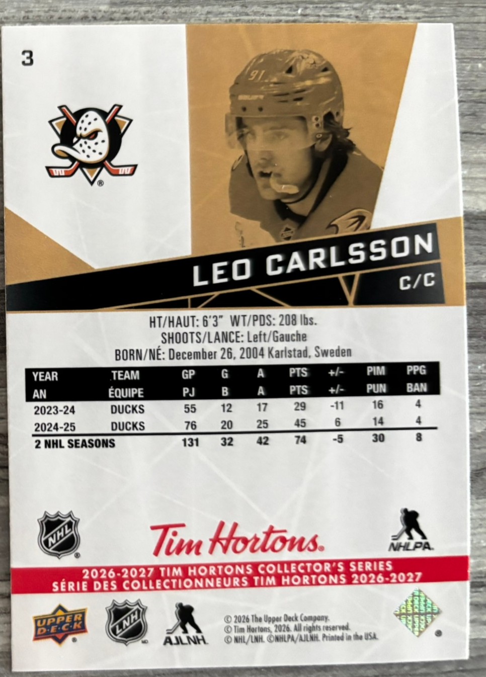 2026-27 Upper Deck Tim Hortons Collector'S Series — Leo Carlsson · #3 — Verso