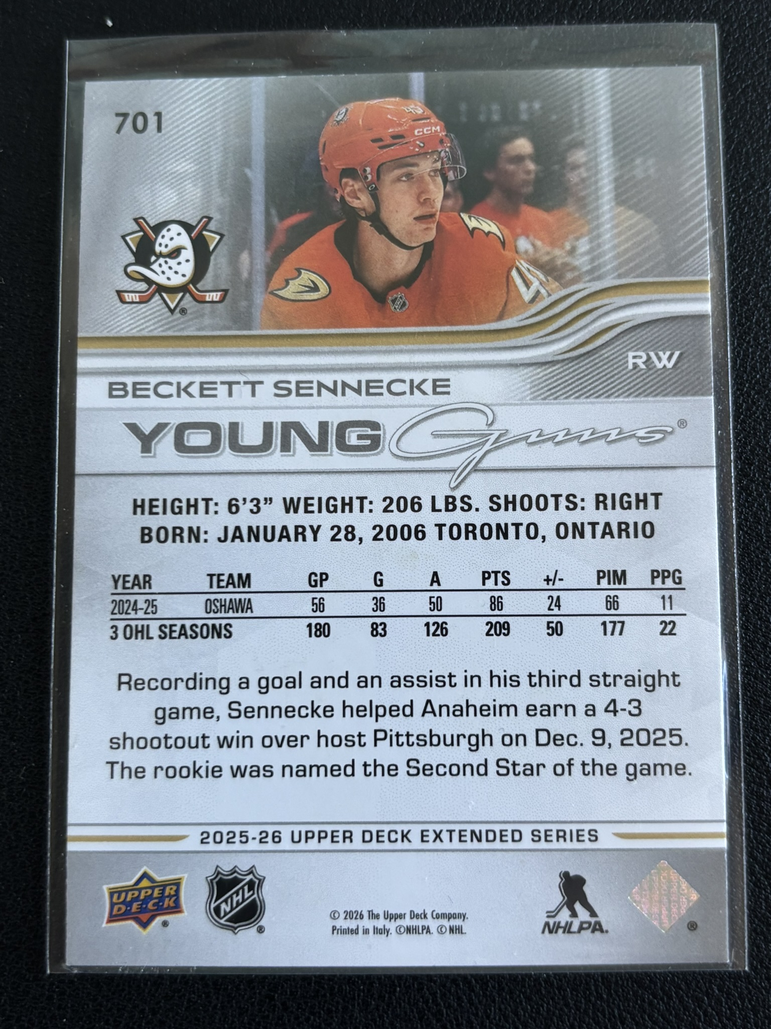 2025-26 Upper Deck Extended Series — Beckett Sennecke · Young Guns · #701 — Verso