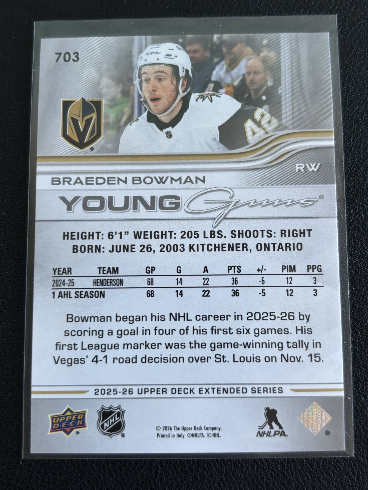 2025-26 Upper Deck Extended Series — Braeden Bowman · Young Guns · #703 — Verso