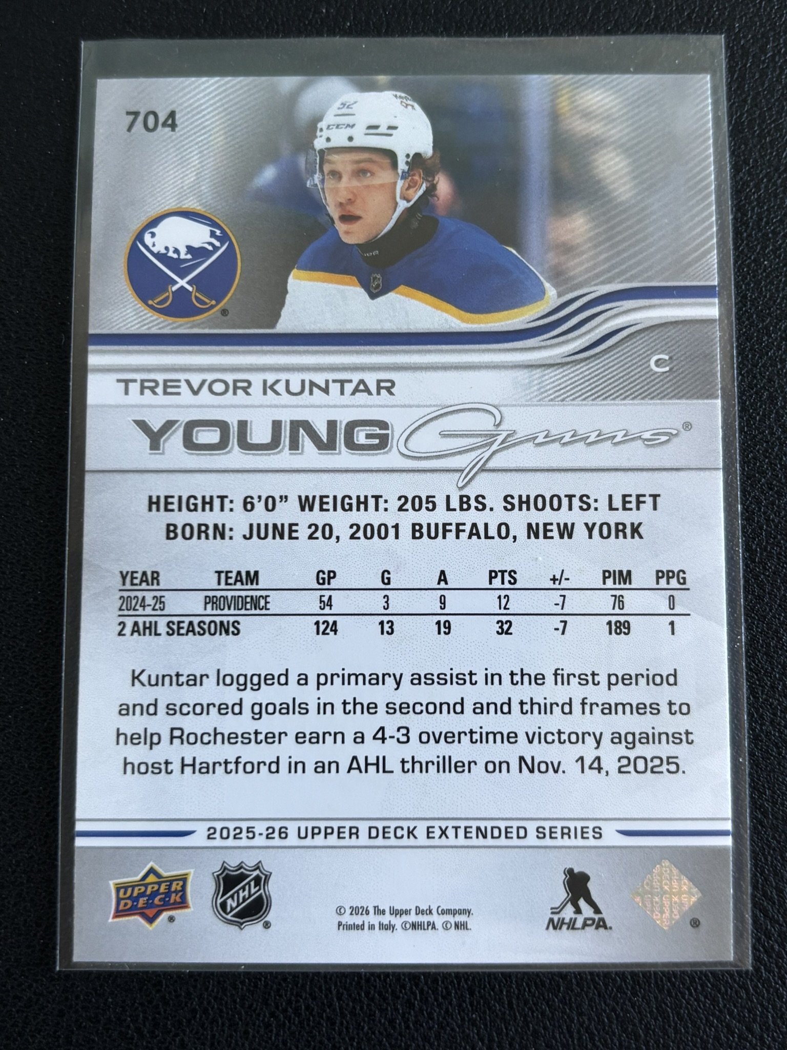2025-26 Upper Deck Extended Series — Trevor Kuntar · Young Guns · #704 — Verso