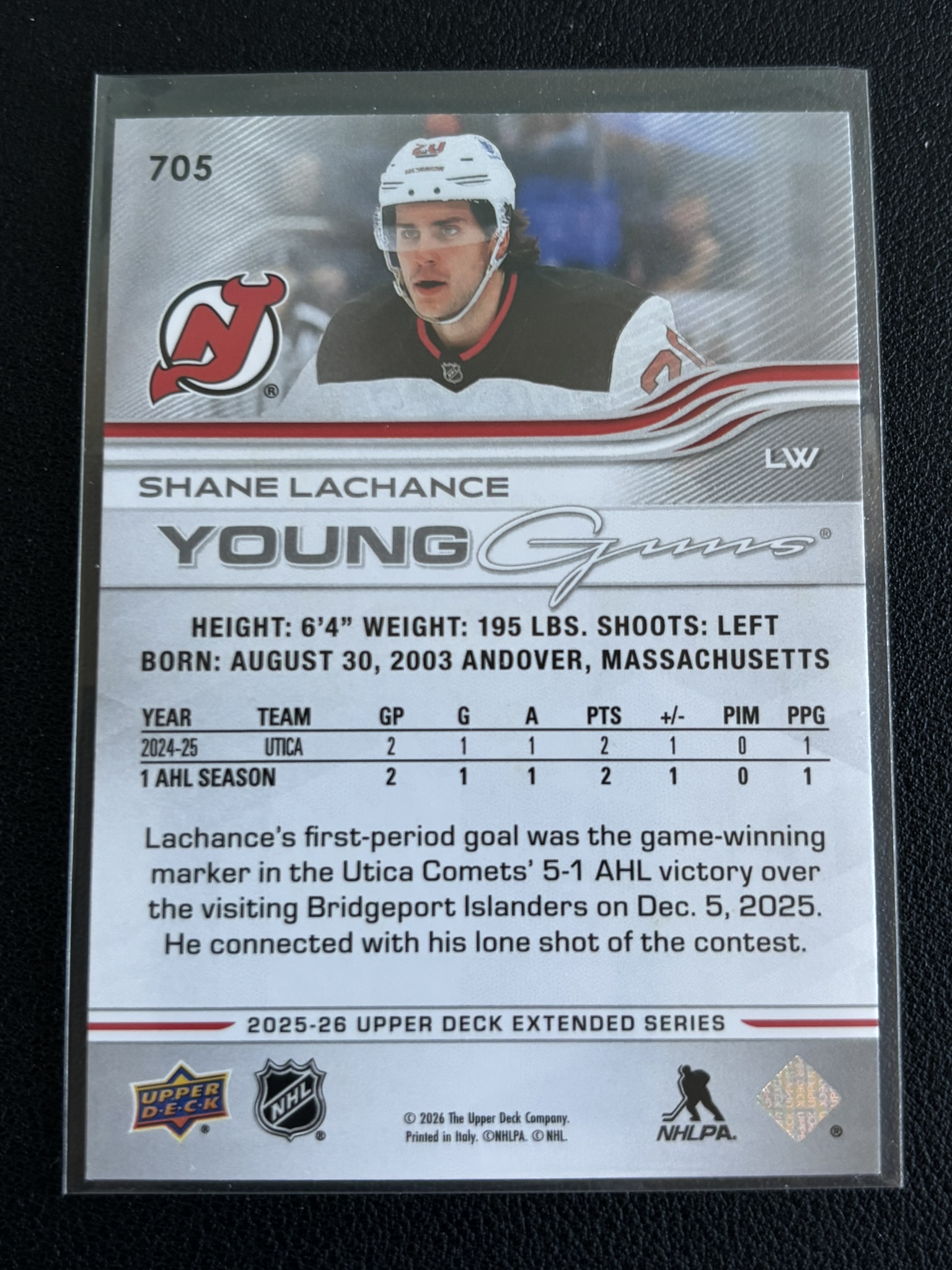 2025-26 Upper Deck Extended Series — Shane Lachance · Young Guns · #705 — Verso