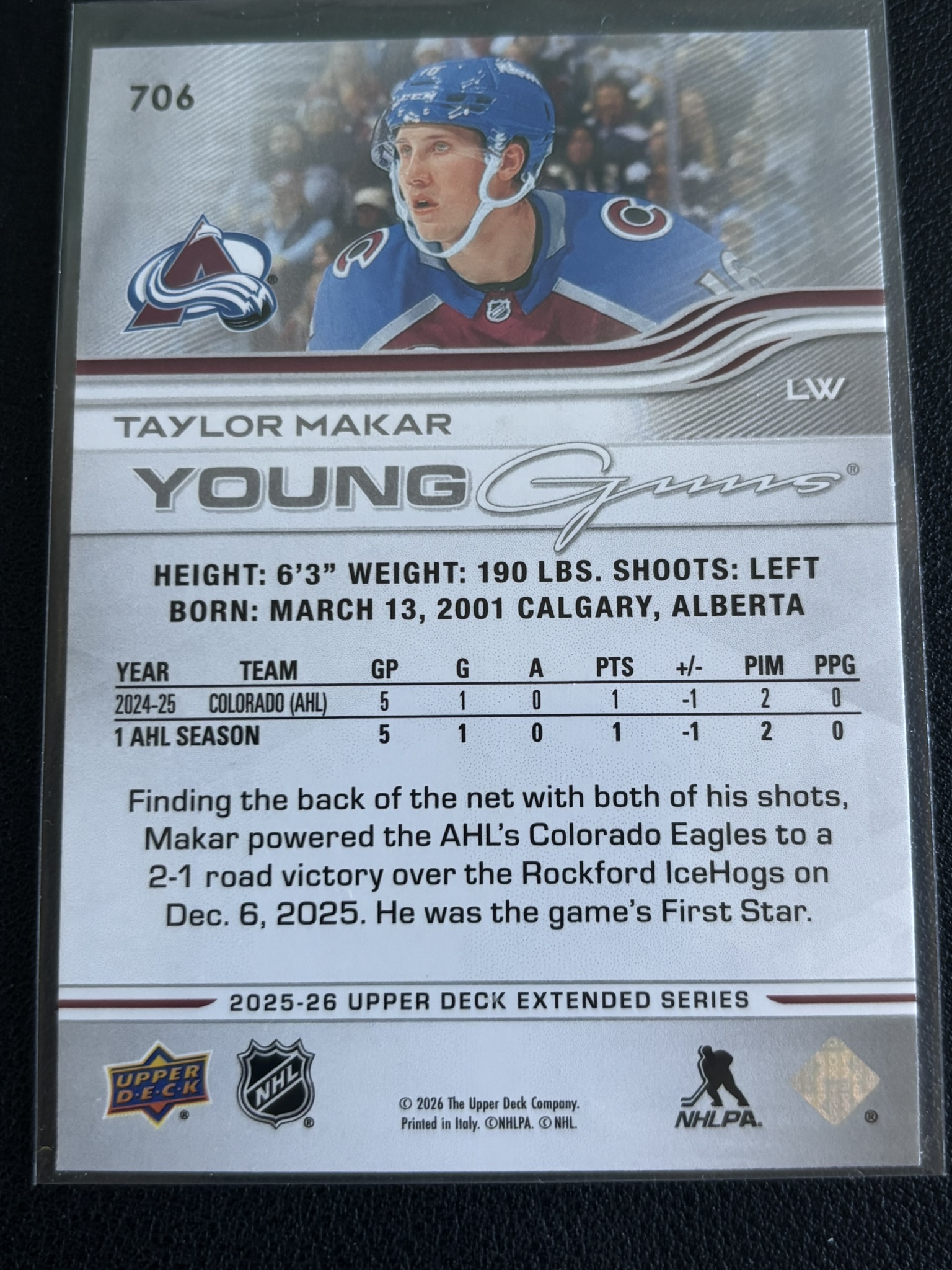 2025-26 Upper Deck Extended Series — Taylor Makar · Young Guns · #706 — Verso