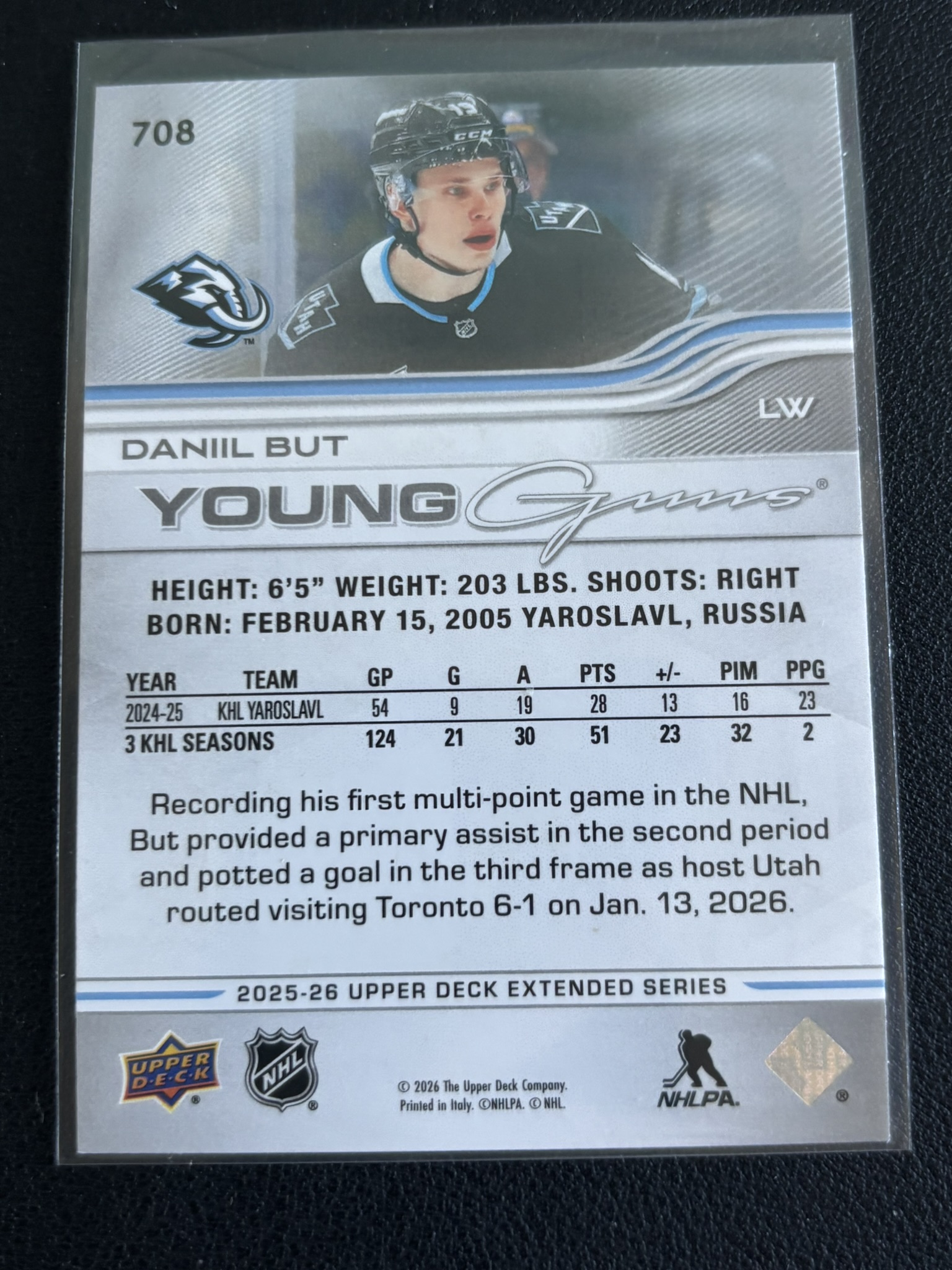 2025-26 Upper Deck Extended Series — Daniil But · Young Guns · #708 — Verso