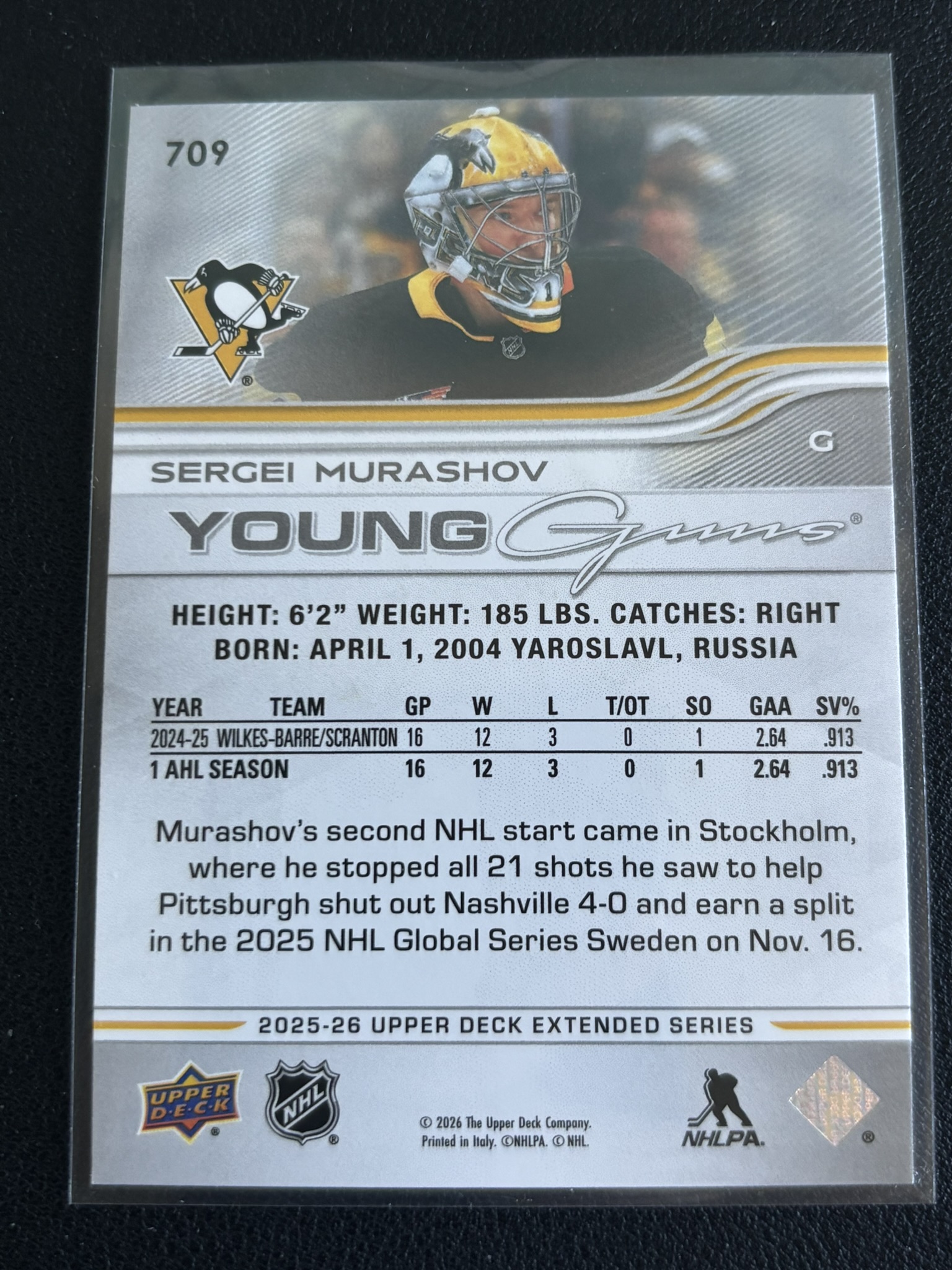 2025-26 Upper Deck Extended Series — Sergei Murashov · Young Guns · #709 — Verso