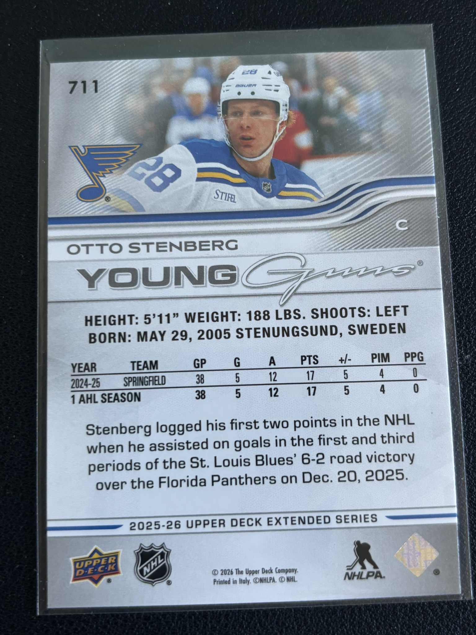 2025-26 Upper Deck Extended Series — Otto Stenberg · Young Guns · #711 — Verso