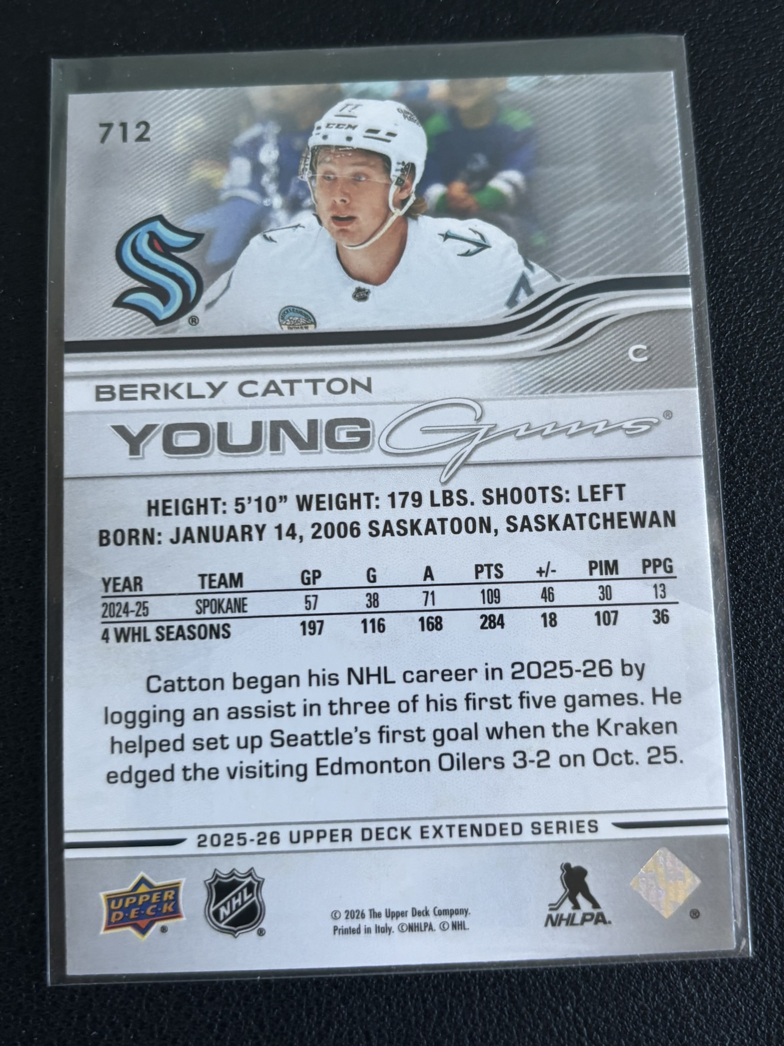 2025-26 Upper Deck Extended Series — Berkly Catton · Young Guns · #712 — Verso