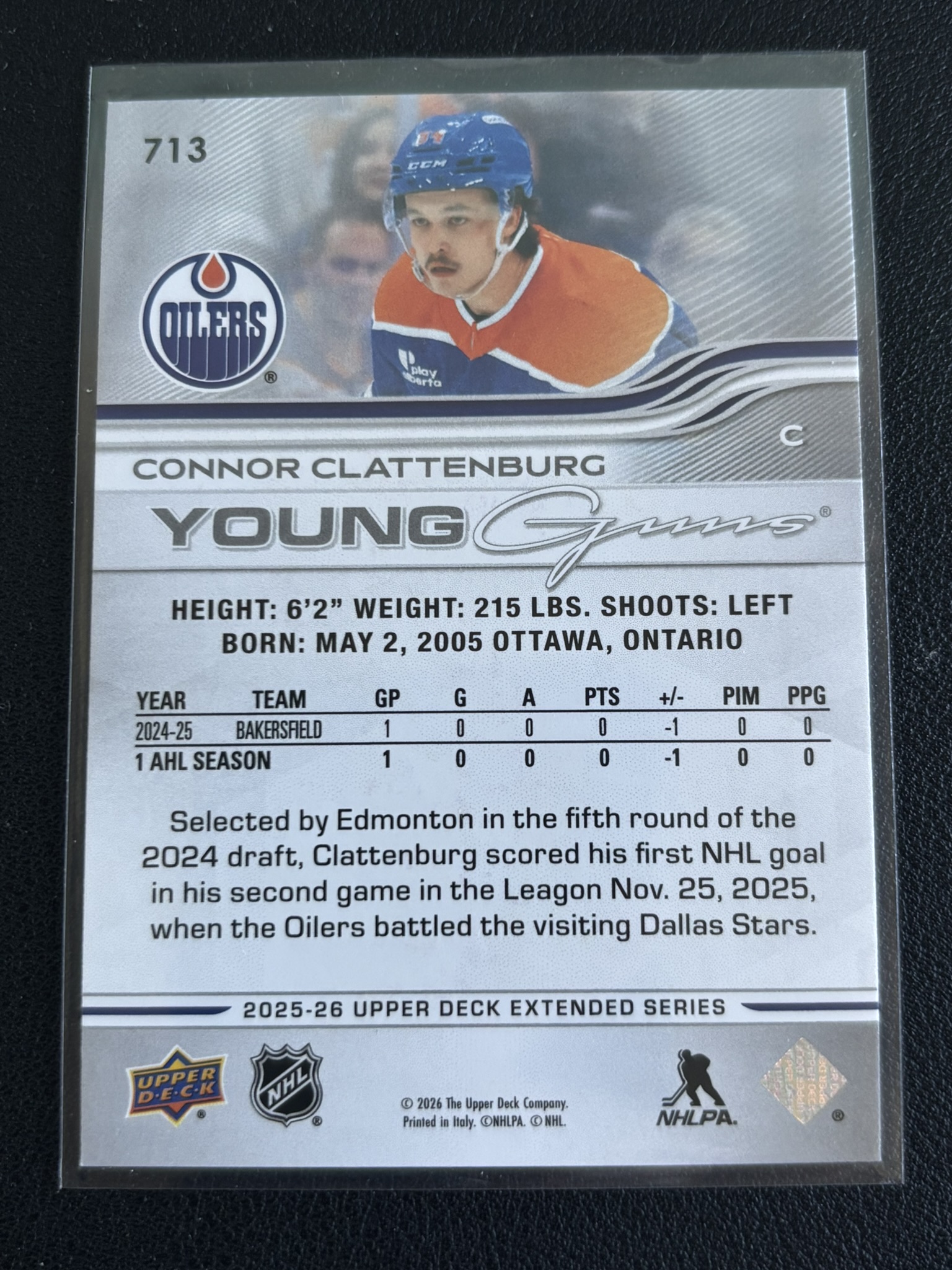 2025-26 Upper Deck Extended Series — Connor Clattenburg · Young Guns · #713 — Verso