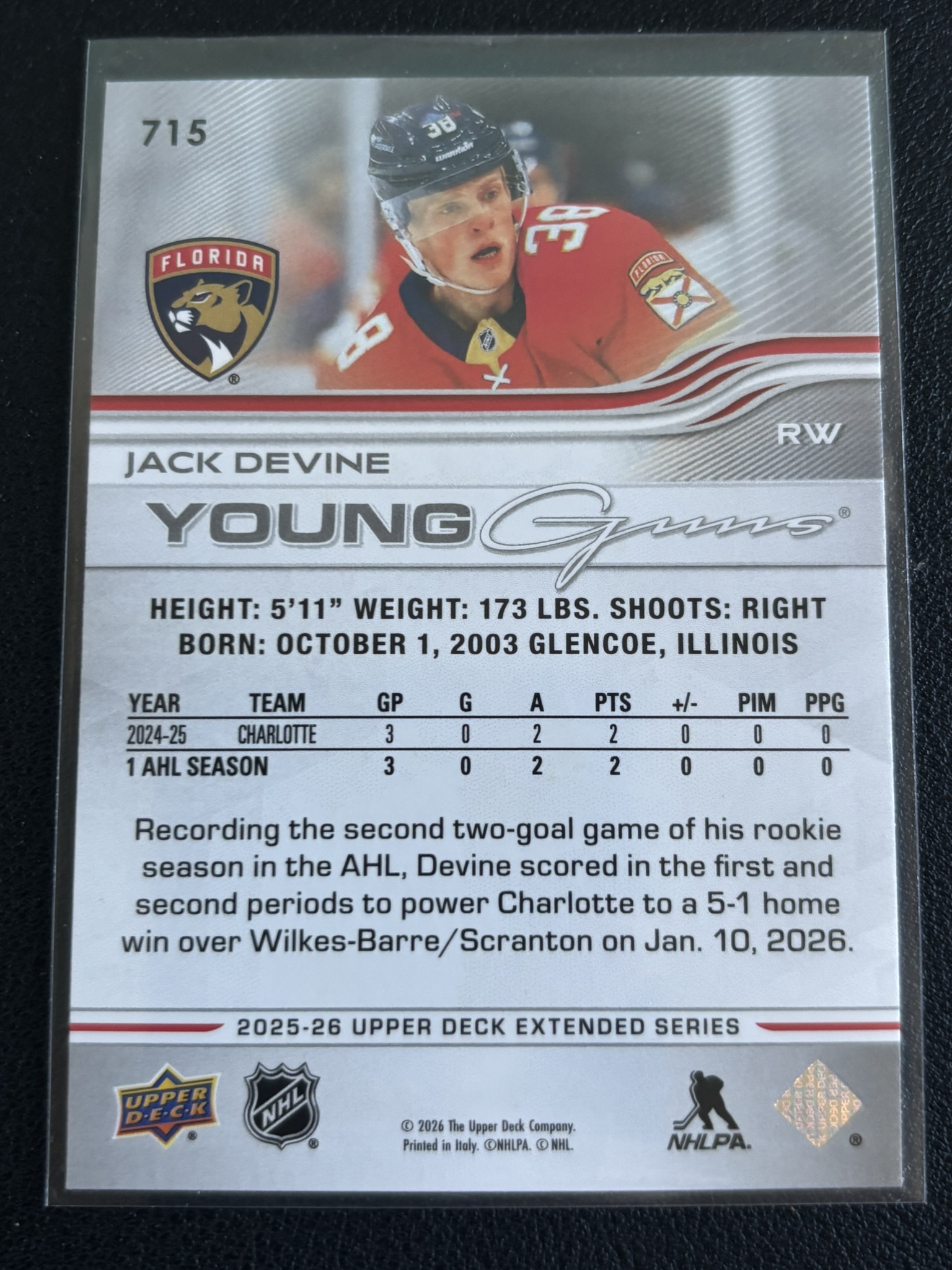 2025-26 Upper Deck Extended Series — Jack Devine · Young Guns · #715 — Verso
