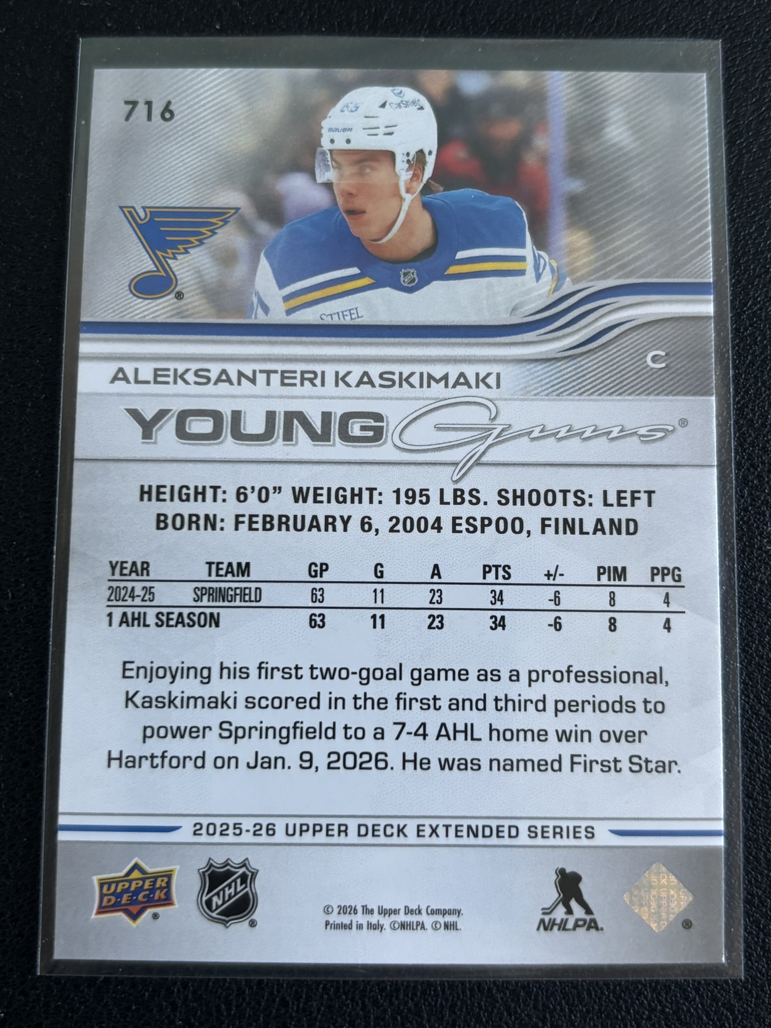 2025-26 Upper Deck Extended Series — Aleksanteri Kaskimaki · Young Guns · #716 — Verso