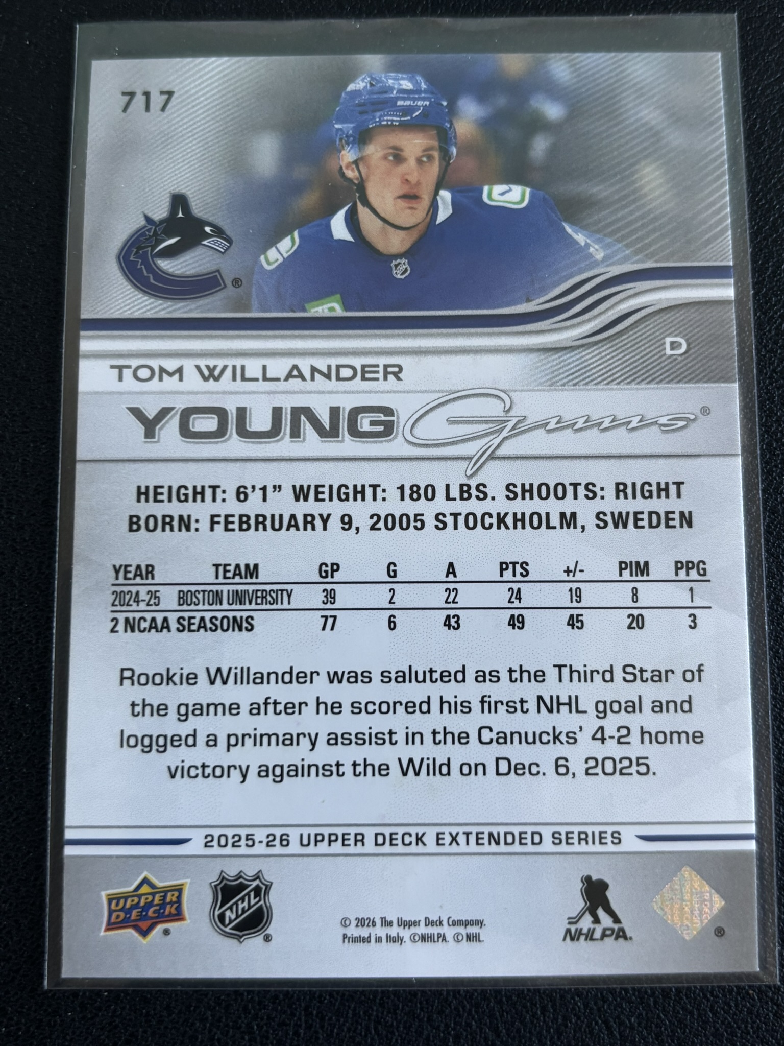 2025-26 Upper Deck Extended Series — Tom Willander · Young Guns · #717 — Verso