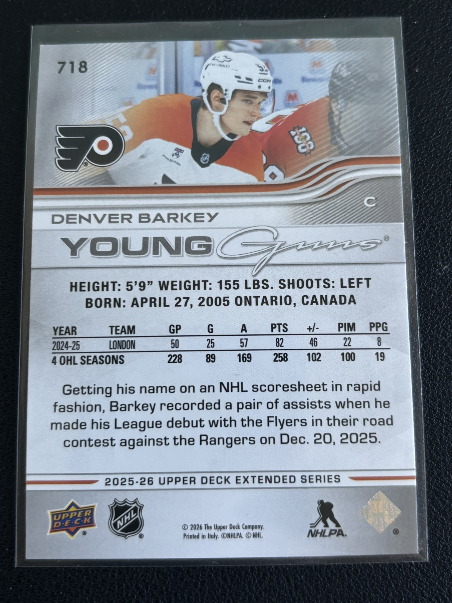 2025-26 Upper Deck Extended Series — Denver Barkey · Young Guns · #718 — Verso