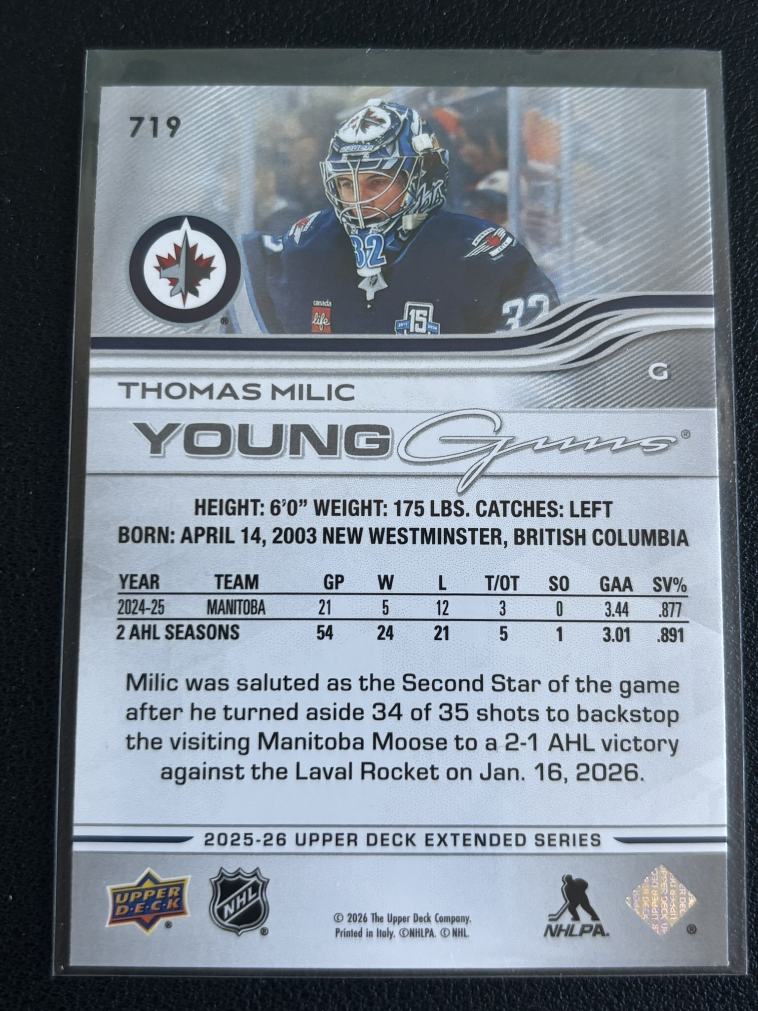 2025-26 Upper Deck Extended Series — Thomas Milic · Young Guns · #719 — Verso