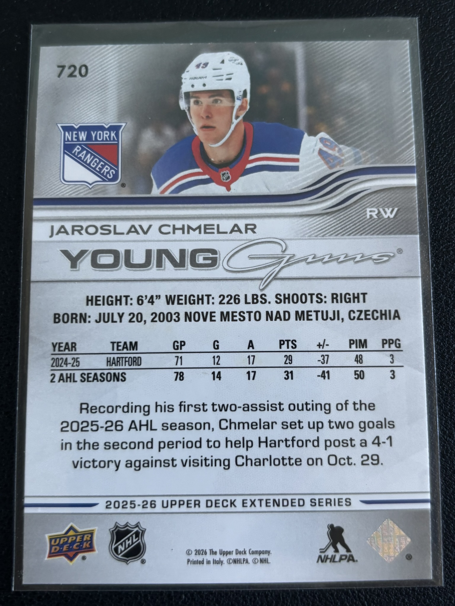 2025-26 Upper Deck Extended Series — Jaroslav Chmelar · Young Guns · #720 — Verso
