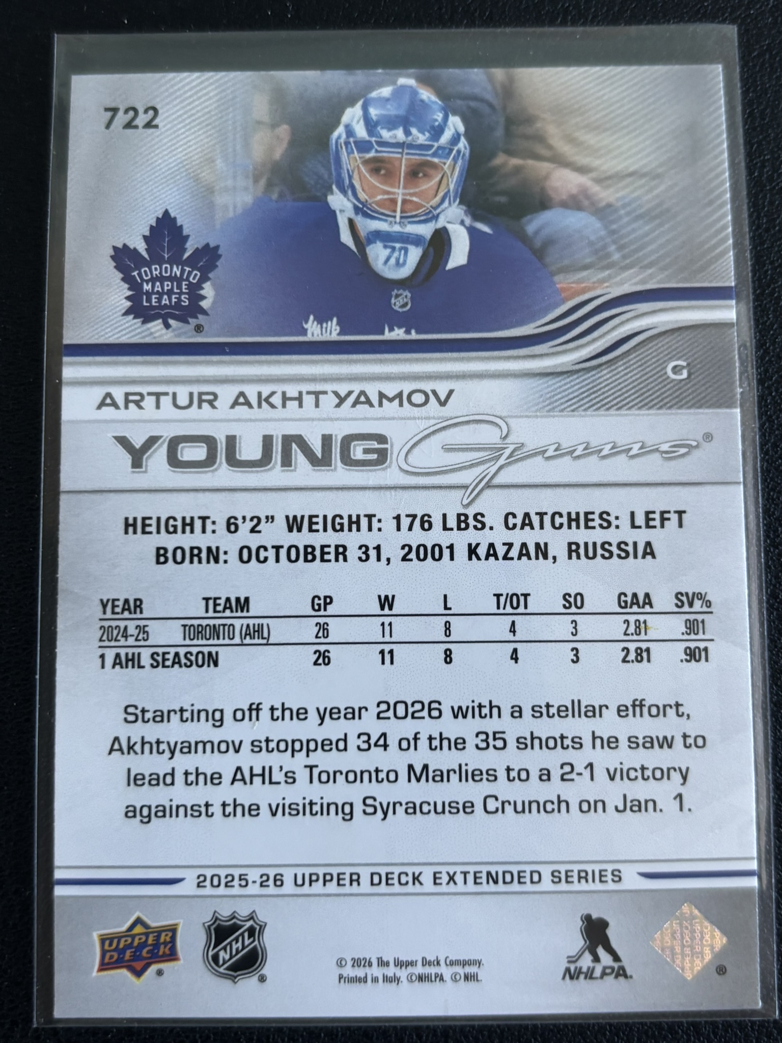 2025-26 Upper Deck Extended Series — Artur Akhtyamov · Young Guns · #722 — Verso