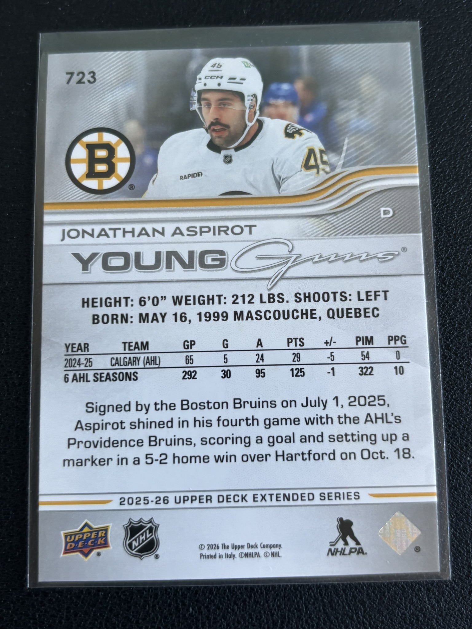 2025-26 Upper Deck Extended Series — Jonathan Aspirat · Young Guns · #723 — Verso