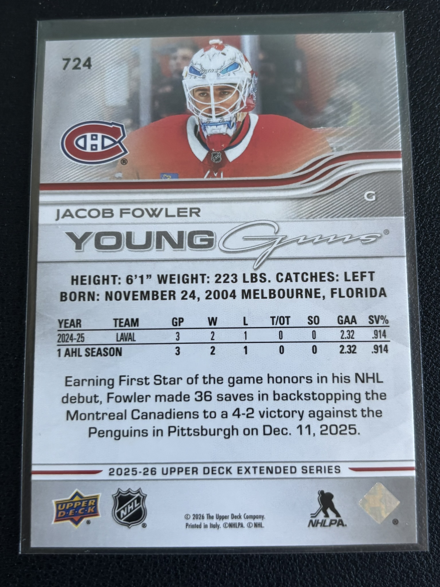 2025-26 Upper Deck Extended Series — Jacob Fowler · Young Guns · #724 — Verso