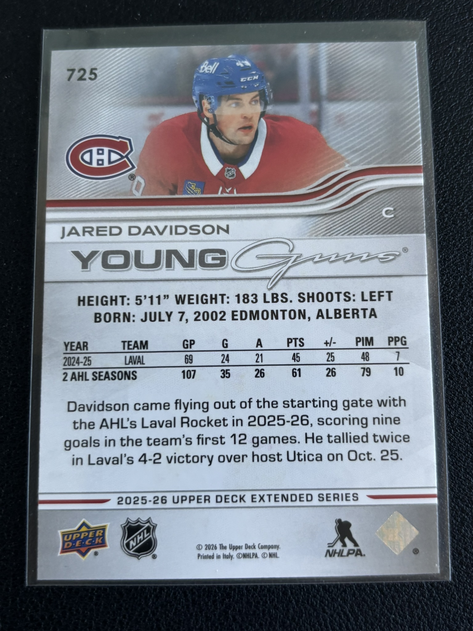 2025-26 Upper Deck Extended Series — Jared Davidson · Young Guns · #725 — Verso