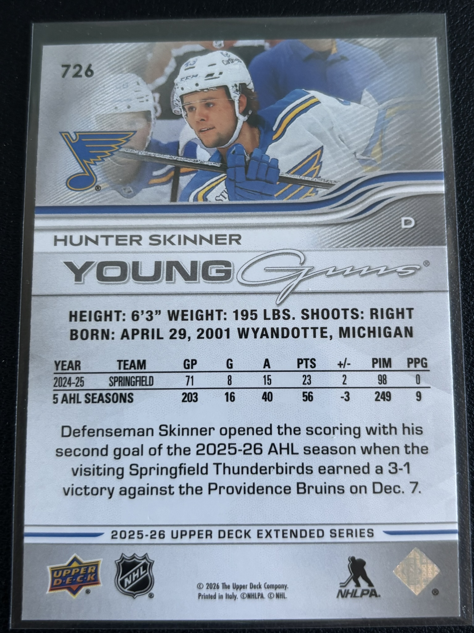 2025-26 Upper Deck Extended Series — Hunter Skinner · Young Guns · #726 — Verso