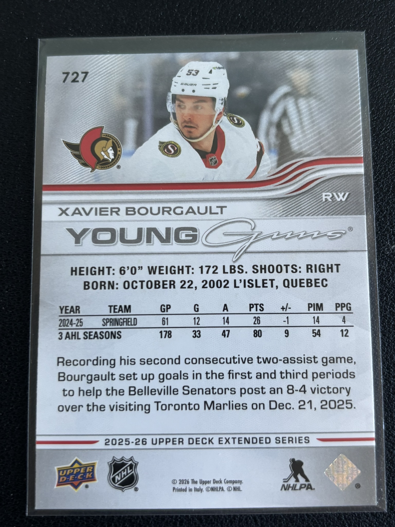 2025-26 Upper Deck Extended Series — Xavier Bourgault · Young Guns · #727 — Verso