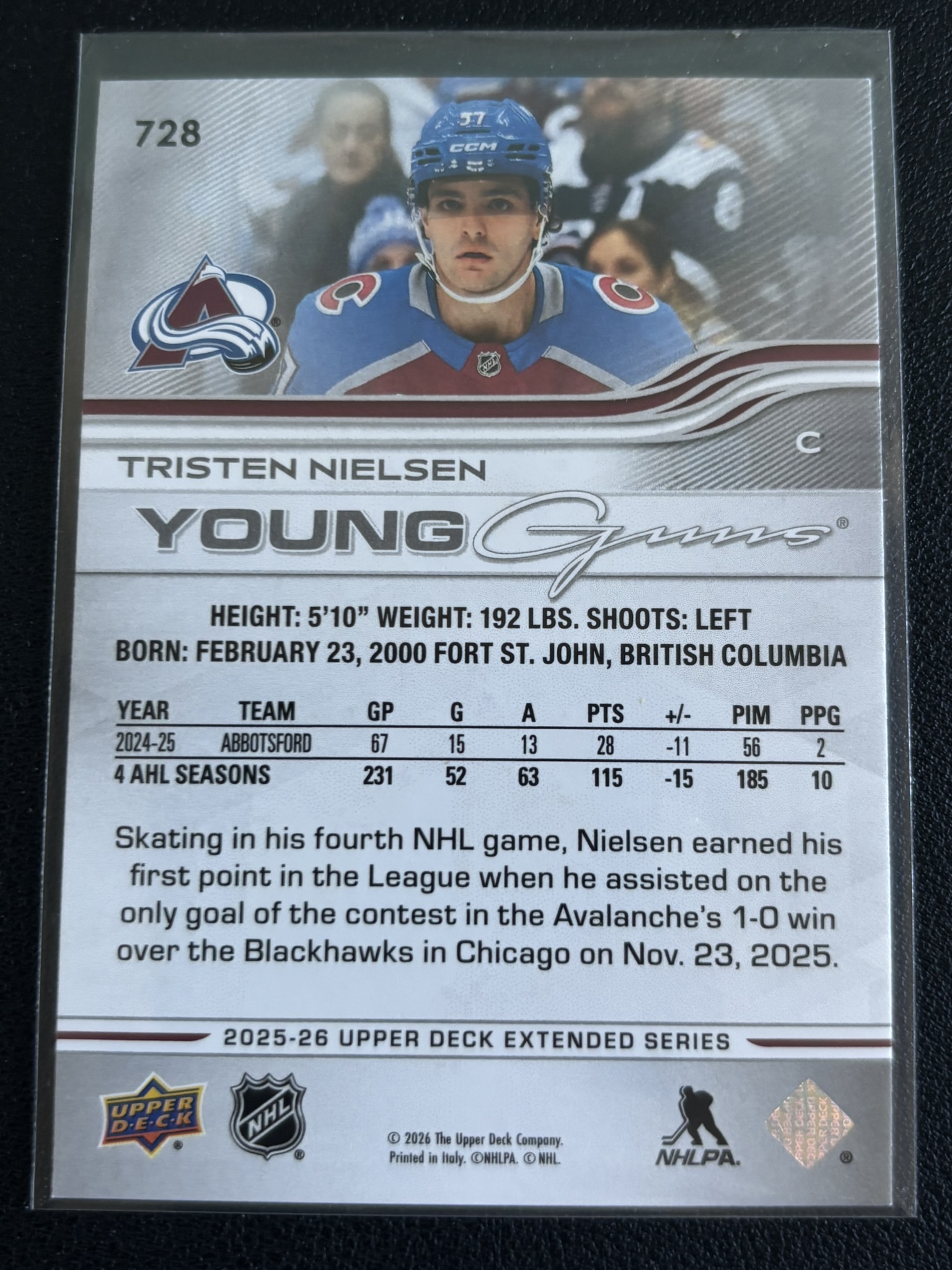 2025-26 Upper Deck Extended Series — Tristen Nielsen · Young Guns · #728 — Verso