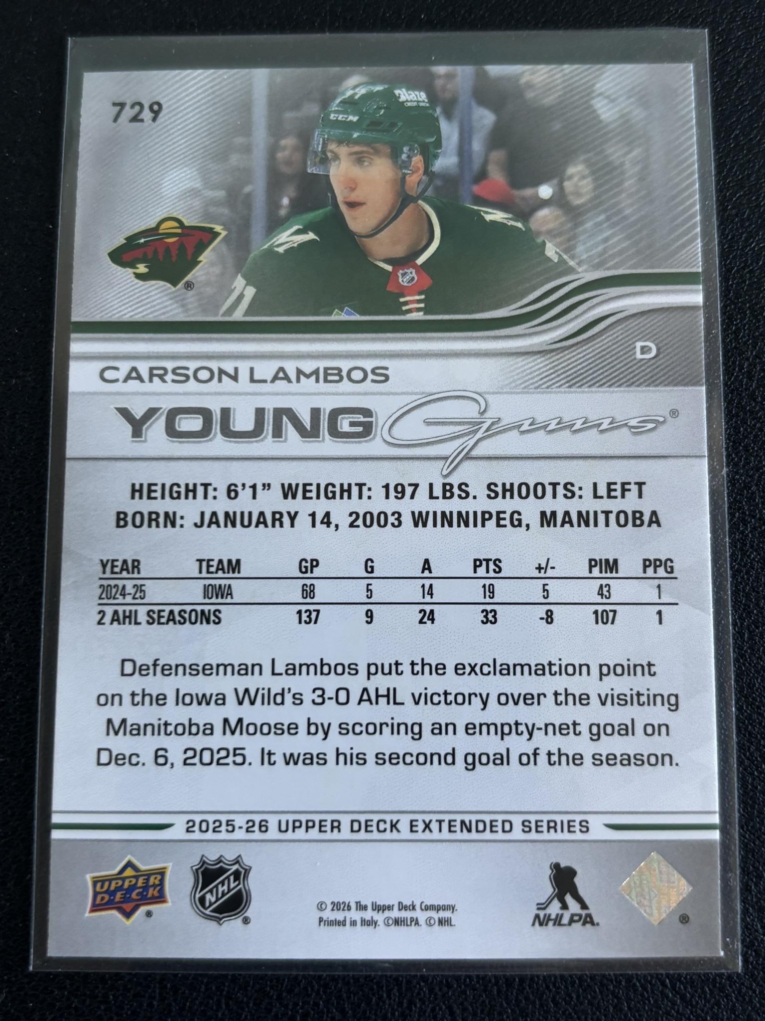 2025-26 Upper Deck Extended Series — Carson Lambos · Young Guns · #729 — Verso