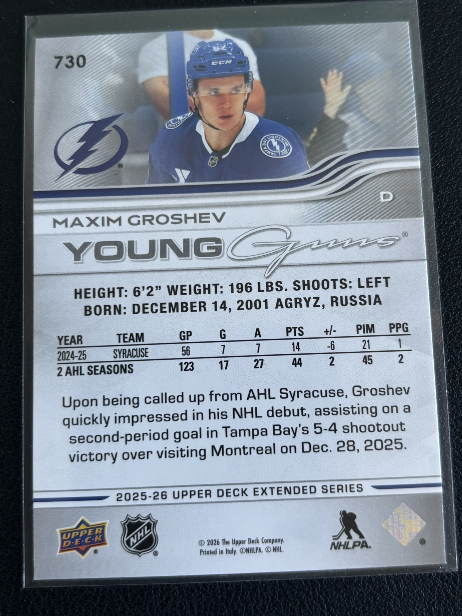 2025-26 Upper Deck Extended Series — Maxim Groshev · Young Guns · #730 — Verso