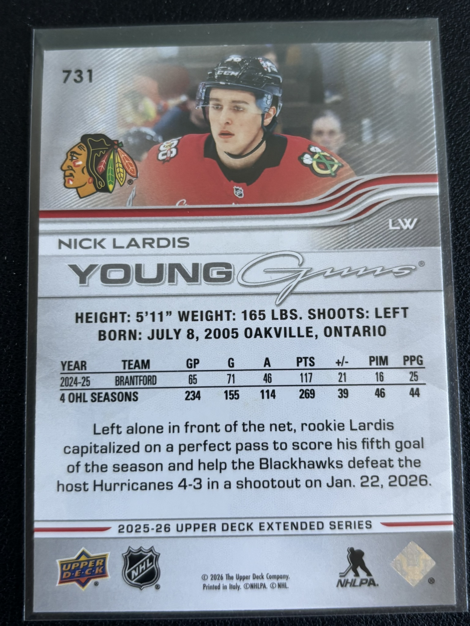 2025-26 Upper Deck Extended Series — Nick Lardis · Young Guns · #731 — Verso