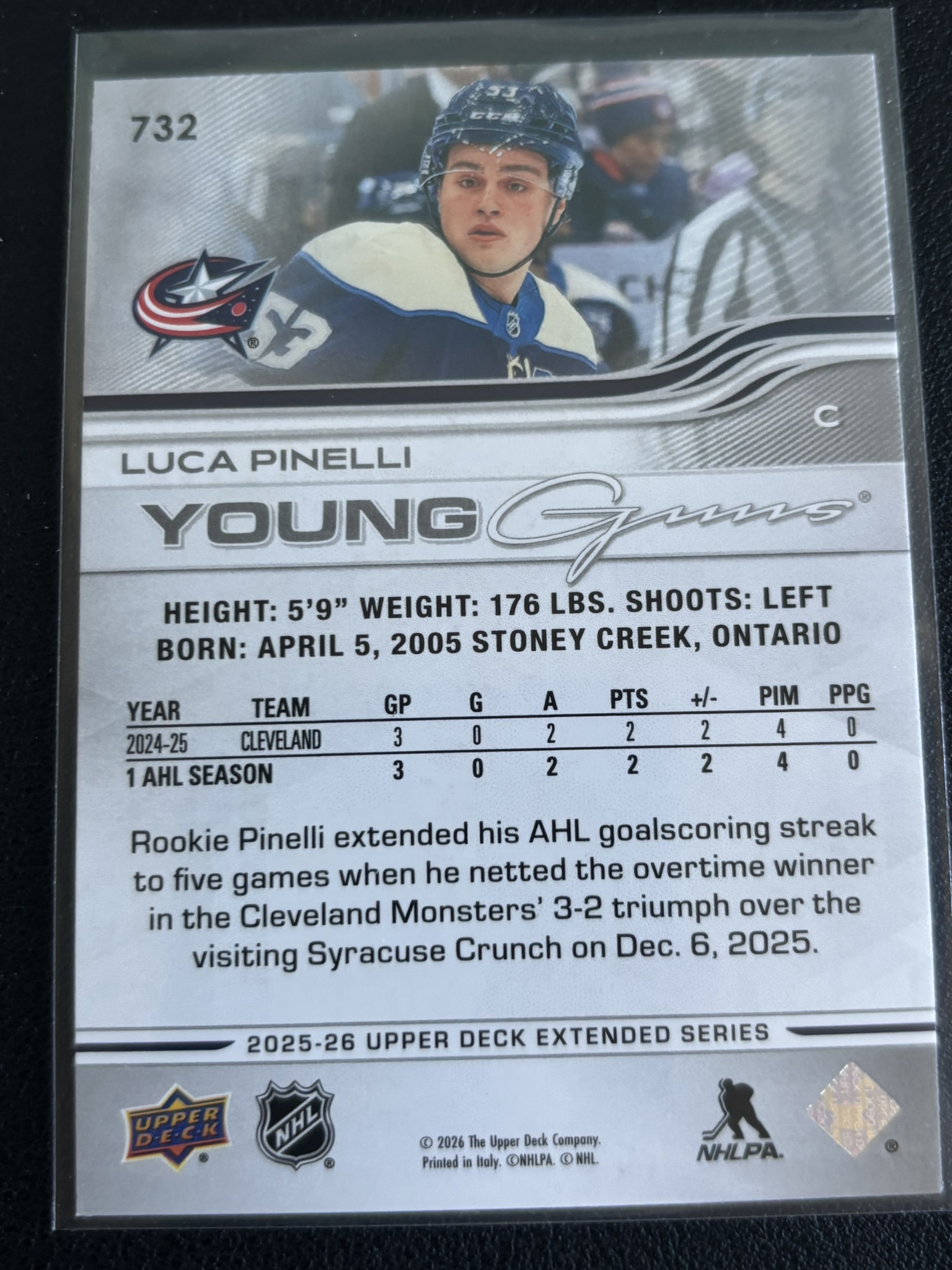 2025-26 Upper Deck Extended Series — Luca Pinelli · Young Guns · #732 — Verso