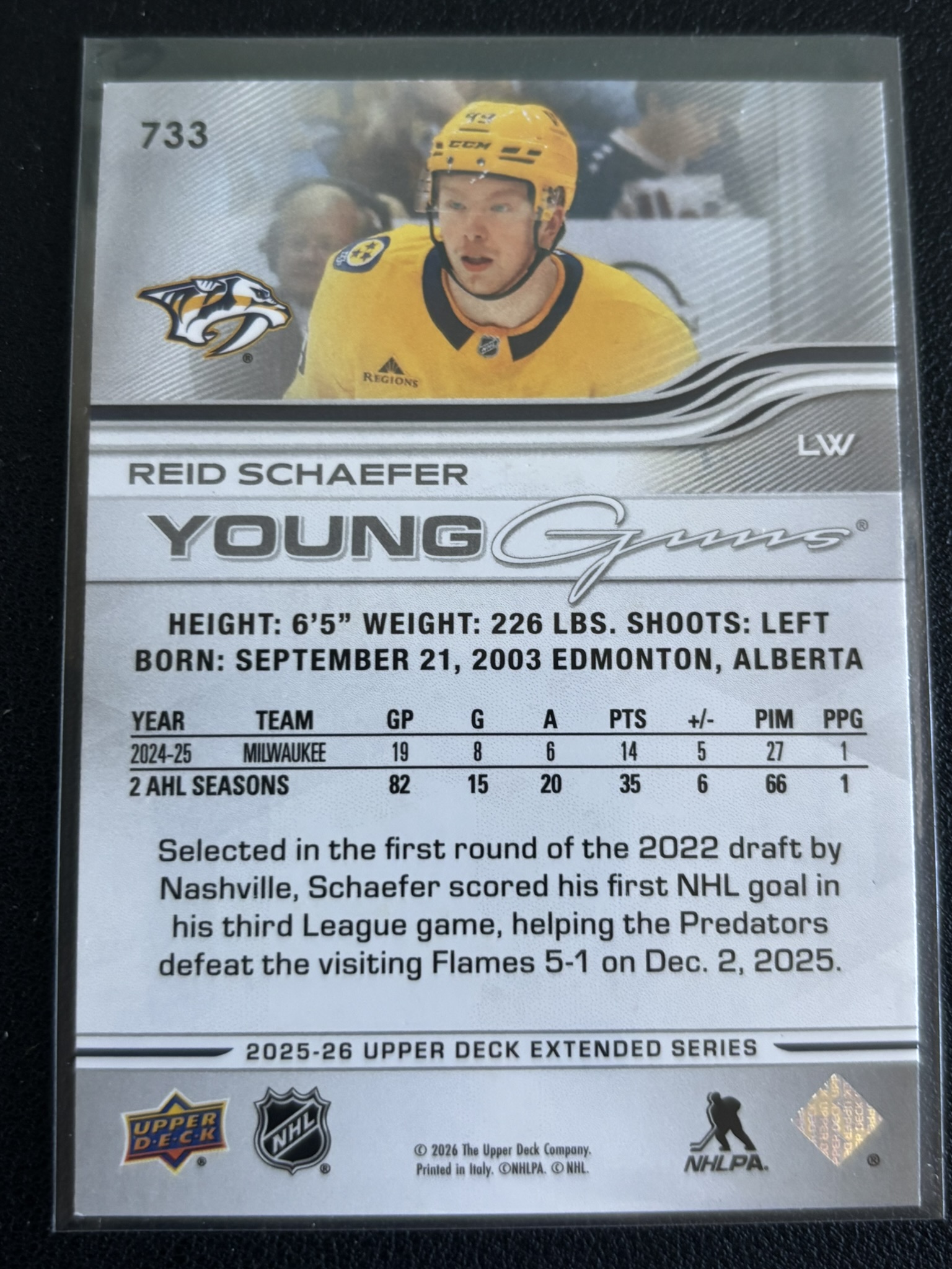 2025-26 Upper Deck Extended Series — Reid Schafer · Young Guns · #733 — Verso
