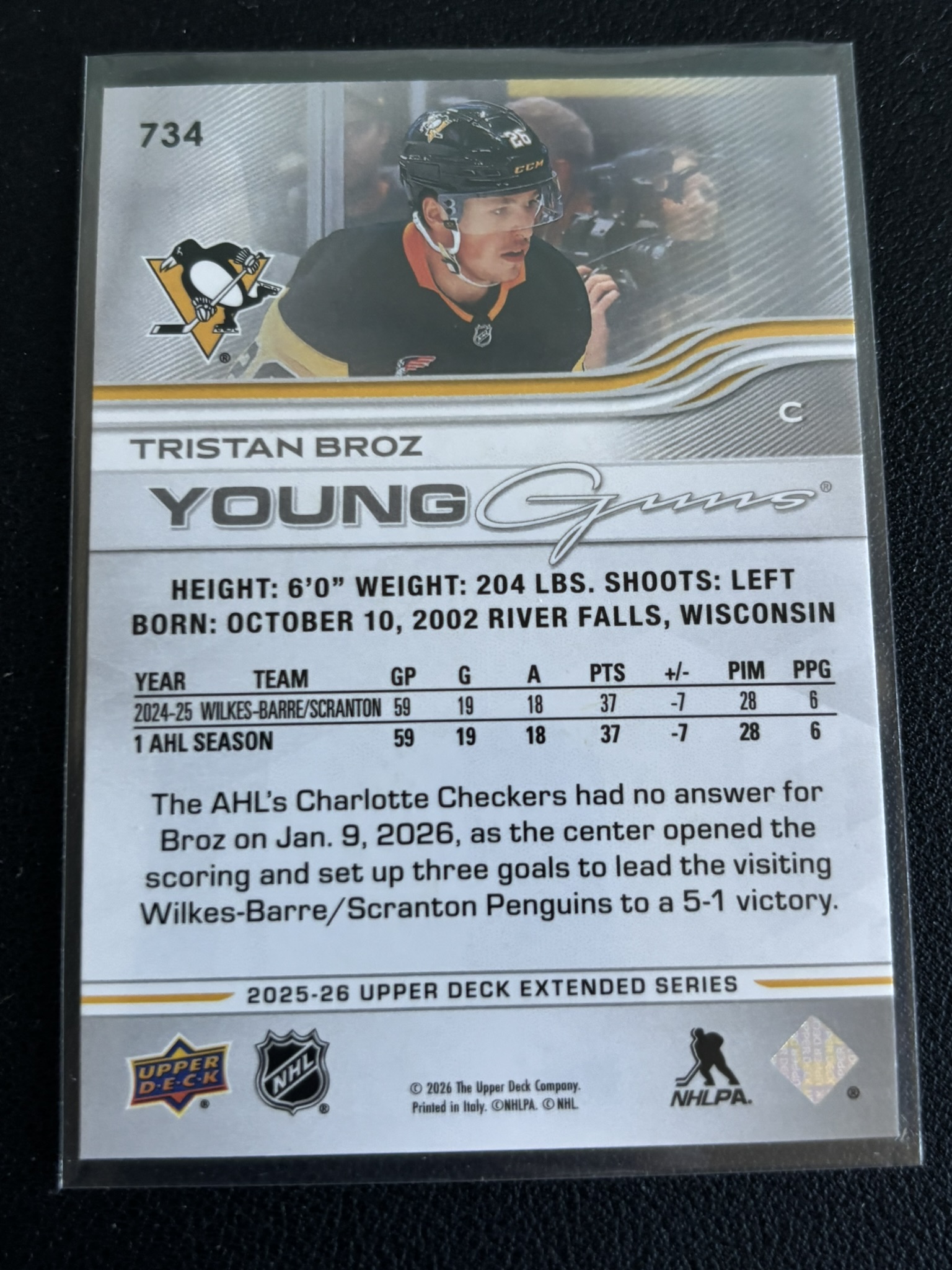 2025-26 Upper Deck Extended Series — Tristan Broz · Young Guns · #734 — Verso