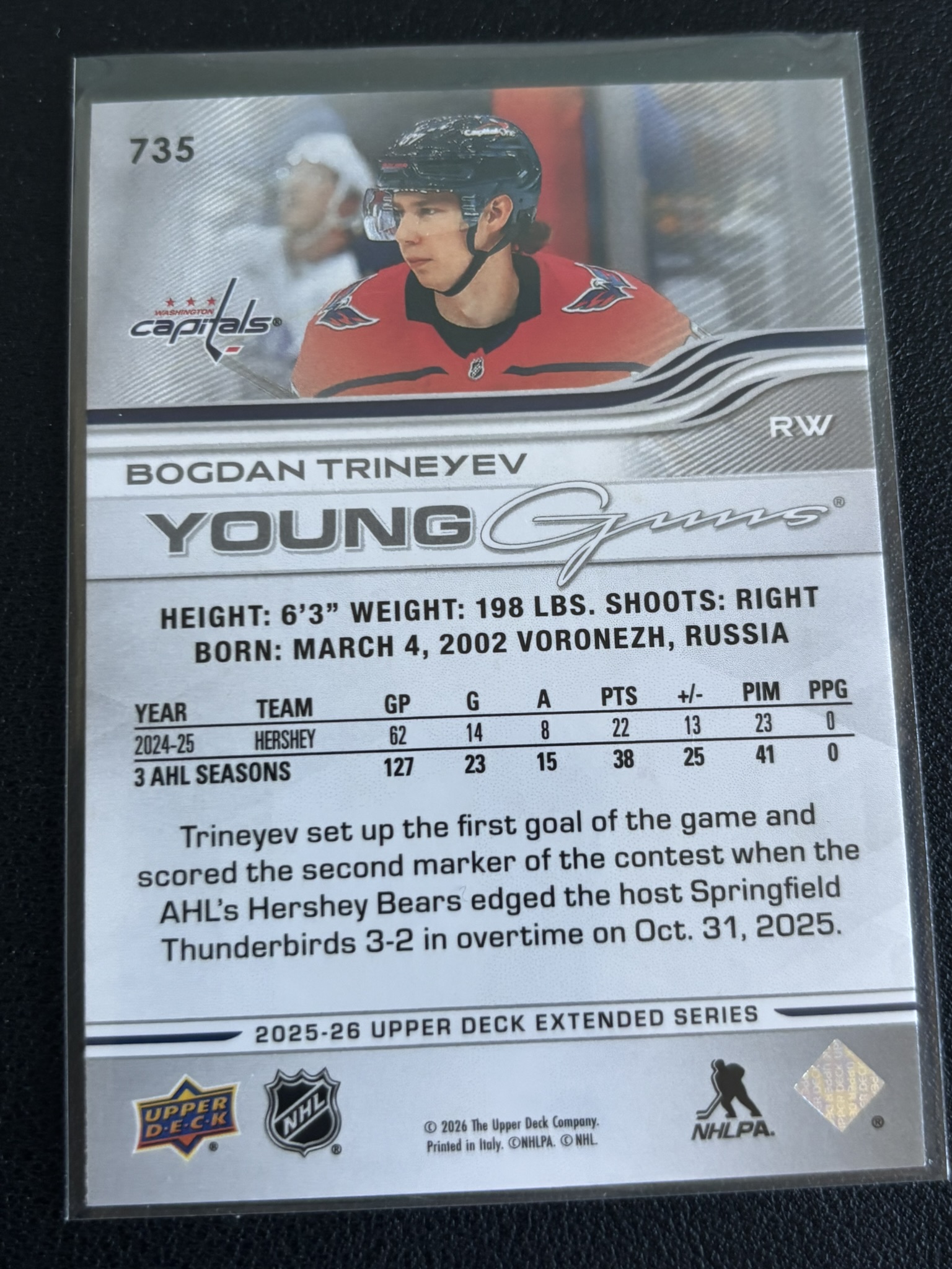 2025-26 Upper Deck Extended Series — Bogdan Trineyev · Young Guns · #735 — Verso