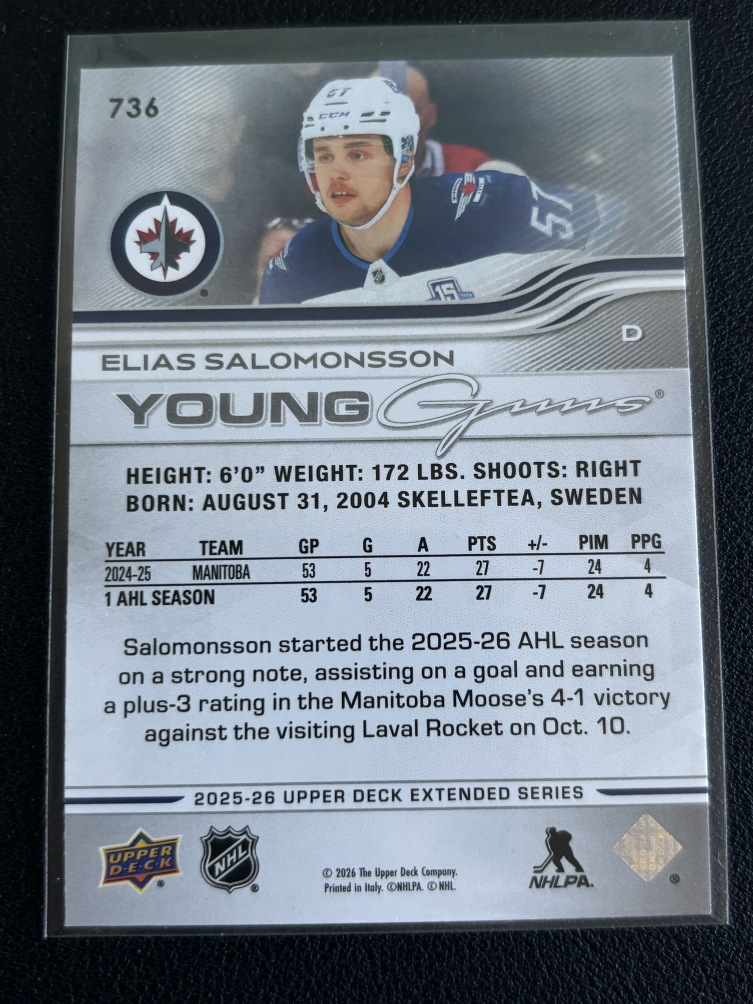 2025-26 Upper Deck Extended Series — Elias Salomonsson · Young Guns · #736 — Verso