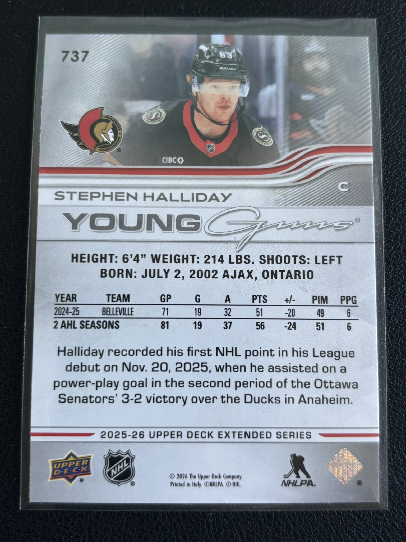 2025-26 Upper Deck Extended Series — Stephen Halliday · Young Guns · #737 — Verso